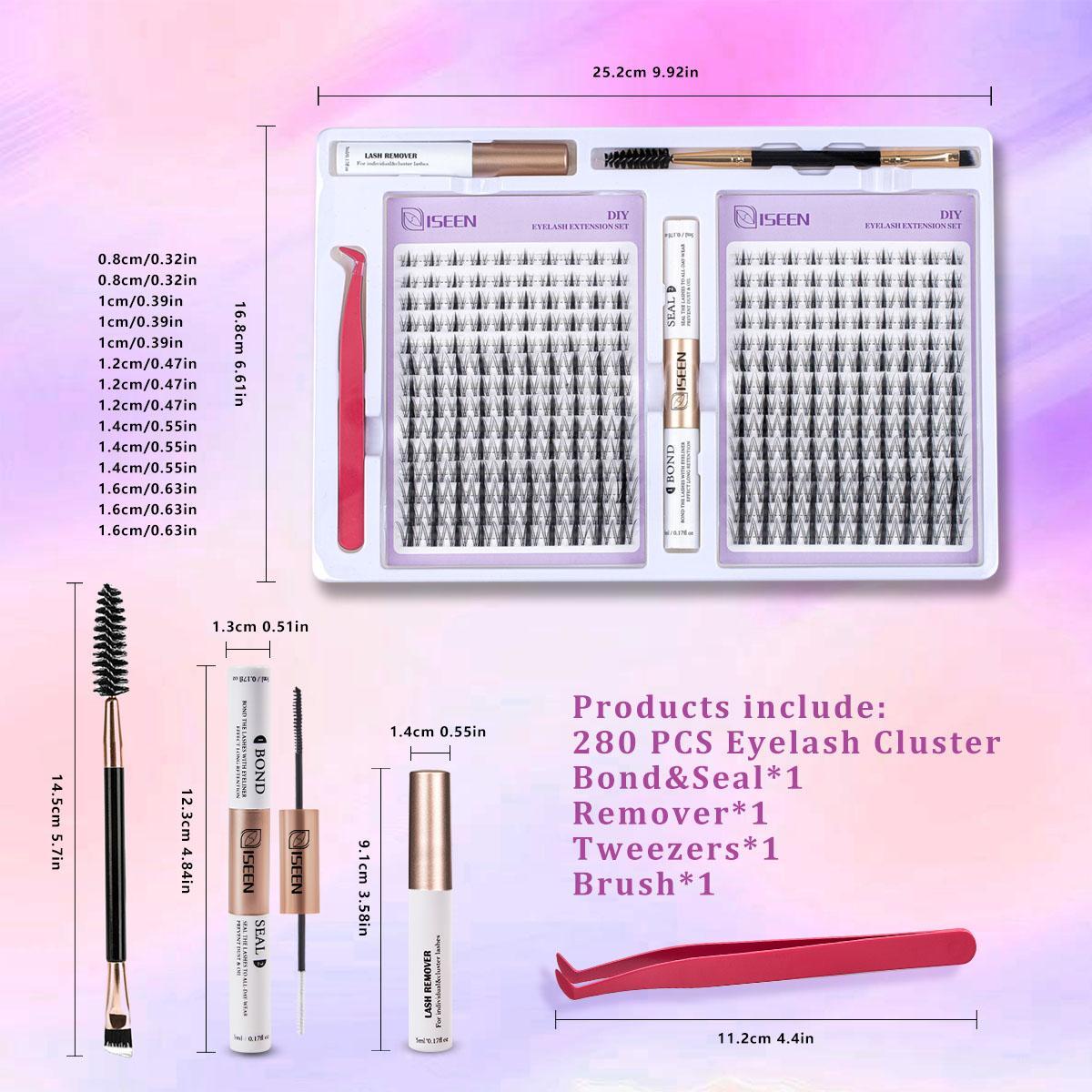 Eyelash Extension Diy Lash Kit, 1 Set Individual Lashes Cluster with Lash Bond & Seal, Remover and Lash Applicator Brush Tool for Self Application at Home, Makeup