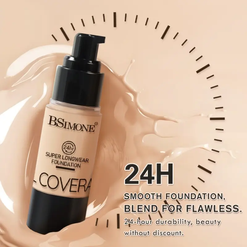 Bsimone 24h Long-Lasting Foundation Liquid, Flawless Foundation, Professional Makeup, Sweatproof, High Coverage, Suitable for All Skin Types, Perfect for Events