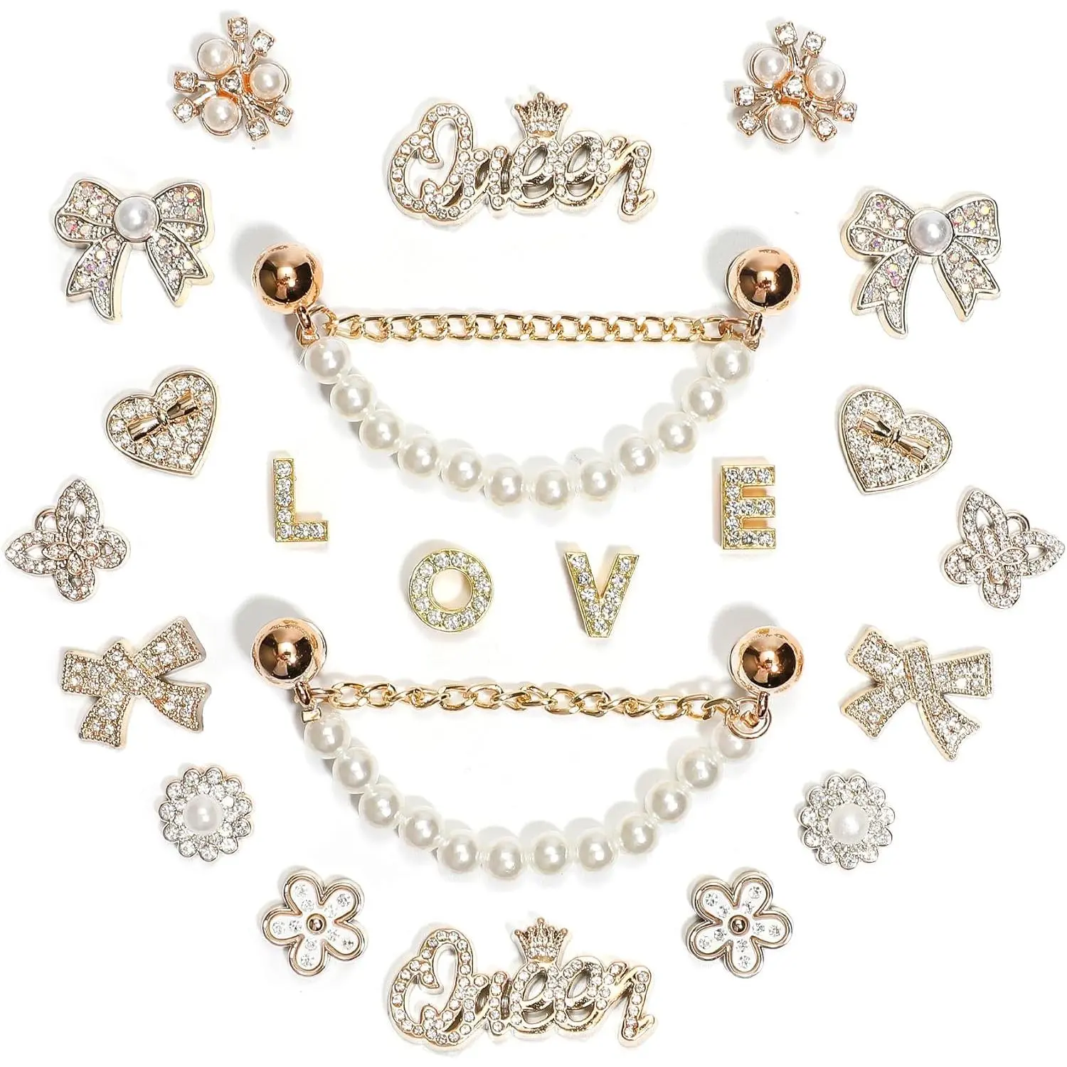 Women's 22Pcs Bling Rhinestone Pearl Charms - Sparkling Chains with LOVE Design, Party Wear Decorations for Clog Sandals