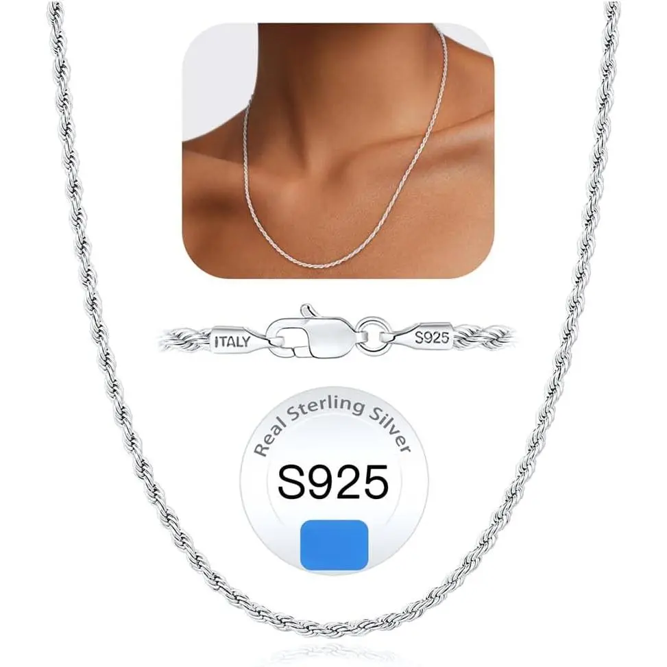 2mm Rope Chain 18k  Plated 925 Sterling  Chain Necklace for Women, Sturdy & Comfortable Women's Chain Necklaces, 16 18 20 22 24 26 Inch