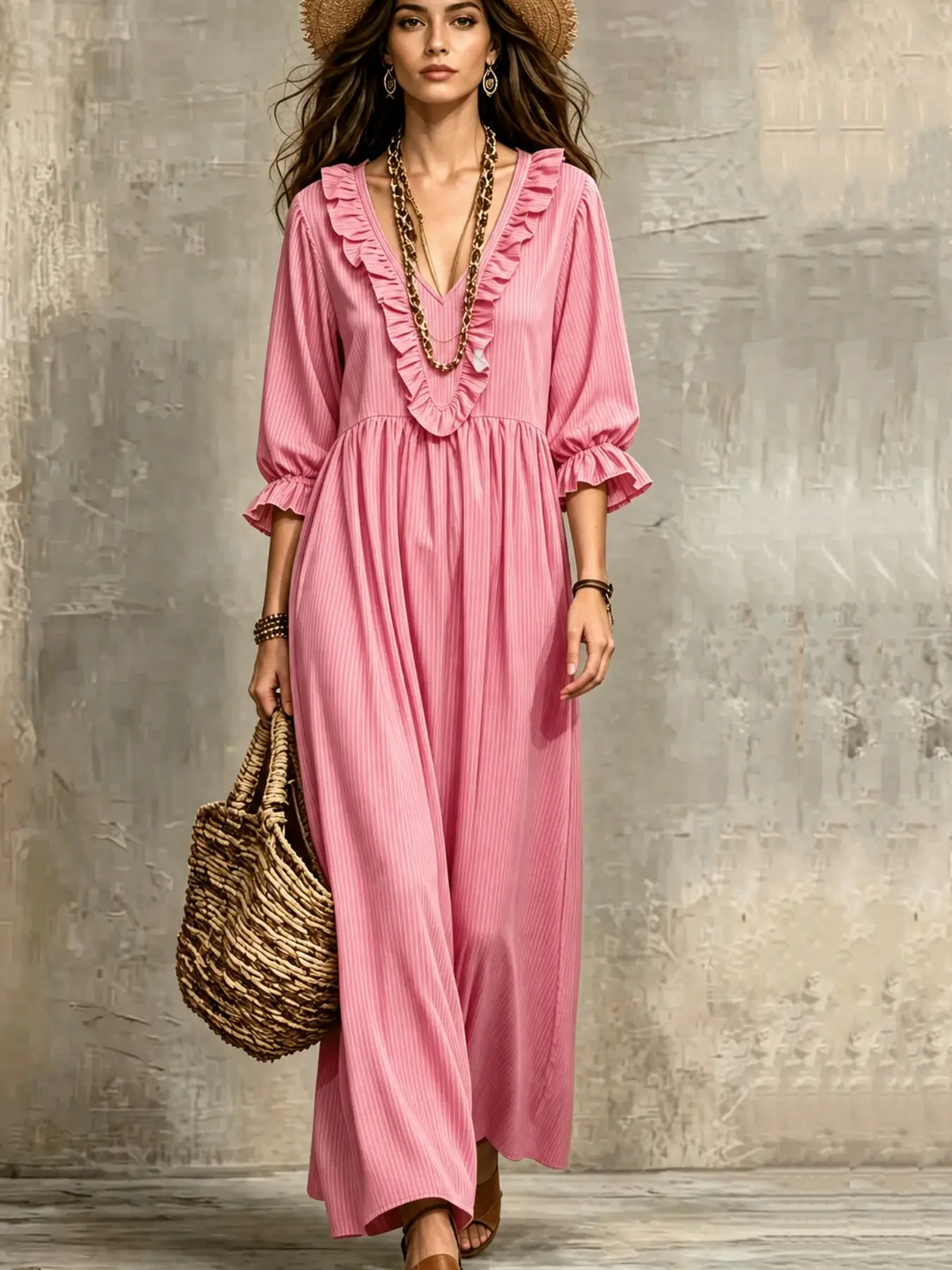 2026 Summer Women Striped Boho Maxi Dress, Bohemian Dress, Ruffle V Neck, 3/4 Puff Sleeve, Empire Waist, Loose Flowy, Casual Vacation Beach Dress, Casual Boho Style