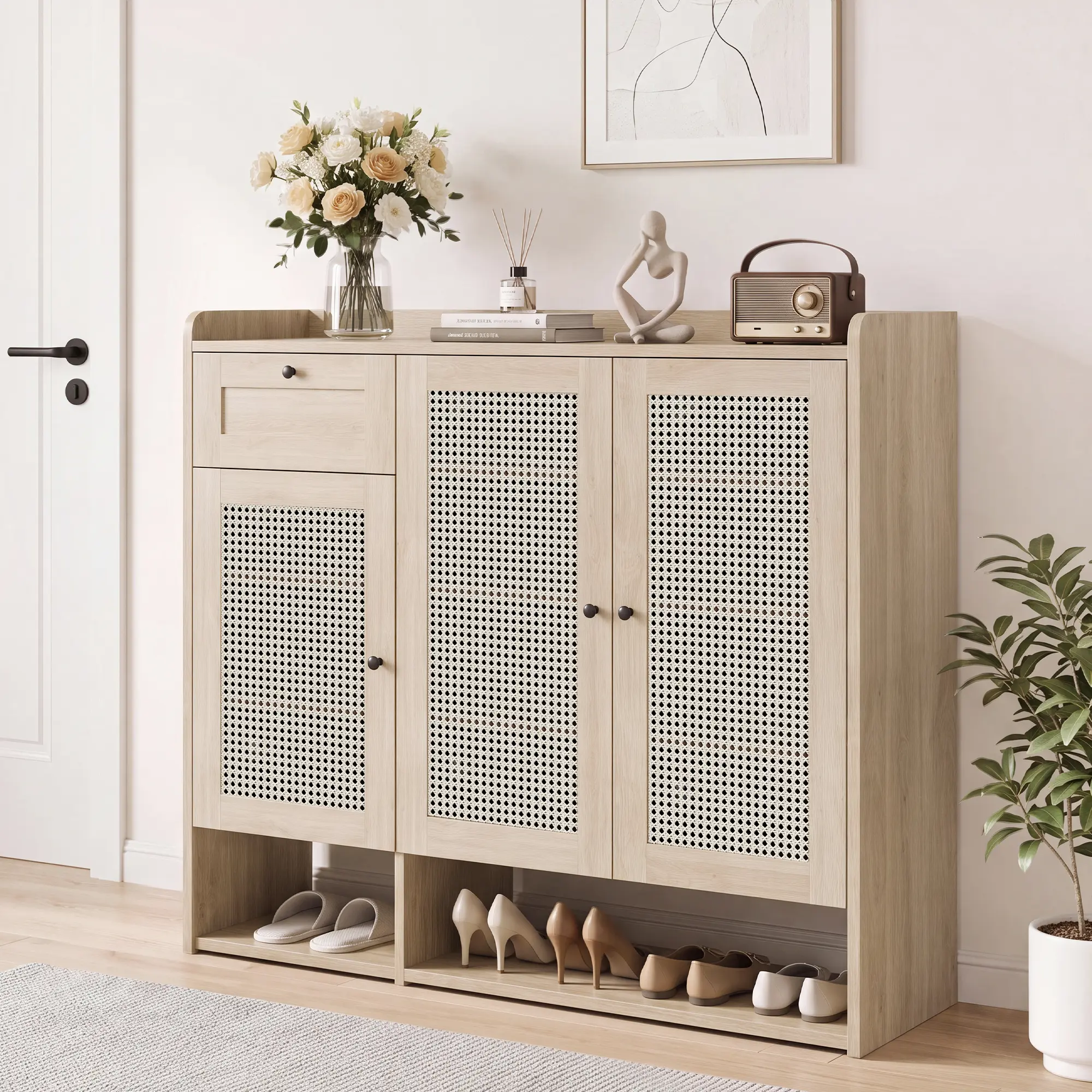 Rattan Shoe Cabinet for Entryway – 5-Tier Storage with 3 Doors & Drawer, Adjustable Shelves for Living Room & Hallway