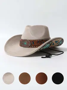 2026 Western Cowboy Hat, Embroidered Brim, Adjustable Windproof Rope, Vintage Festival Accessory, Outdoor Camping, Daily Use, Bohemian Western Sunhat