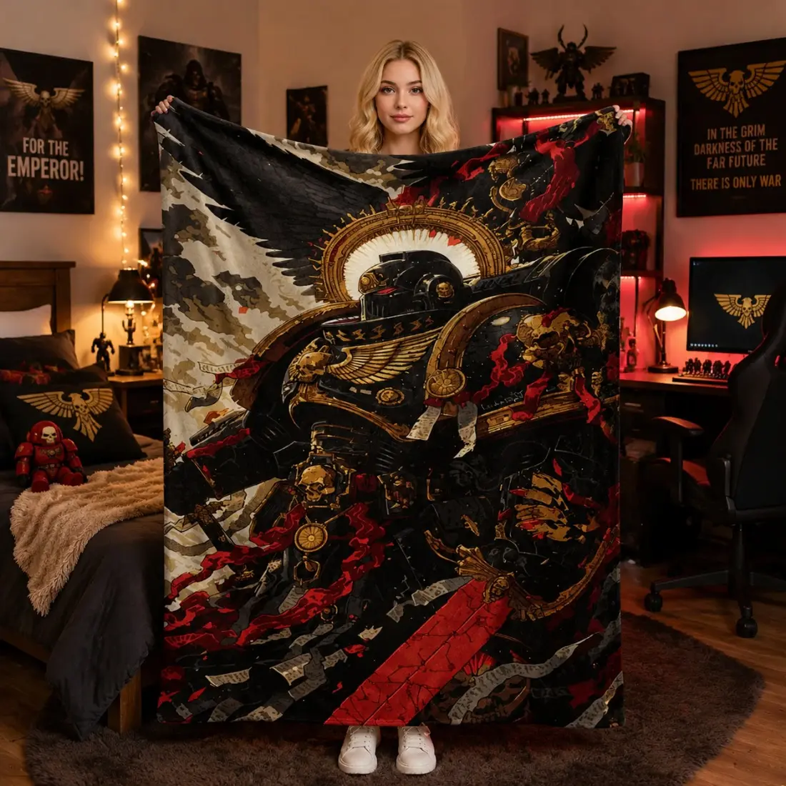 Warhammer 40K Dark Angels Space Marine Gothic Art Flannel Throw Blanket, Black Gold Red Sci-Fi Warrior Soft Warm Blanket for Gaming Room Sofa Bed, Perfect Father’s Day Birthday Gift for Warhammer 40k Gamers Sci-Fi Fans Men Him