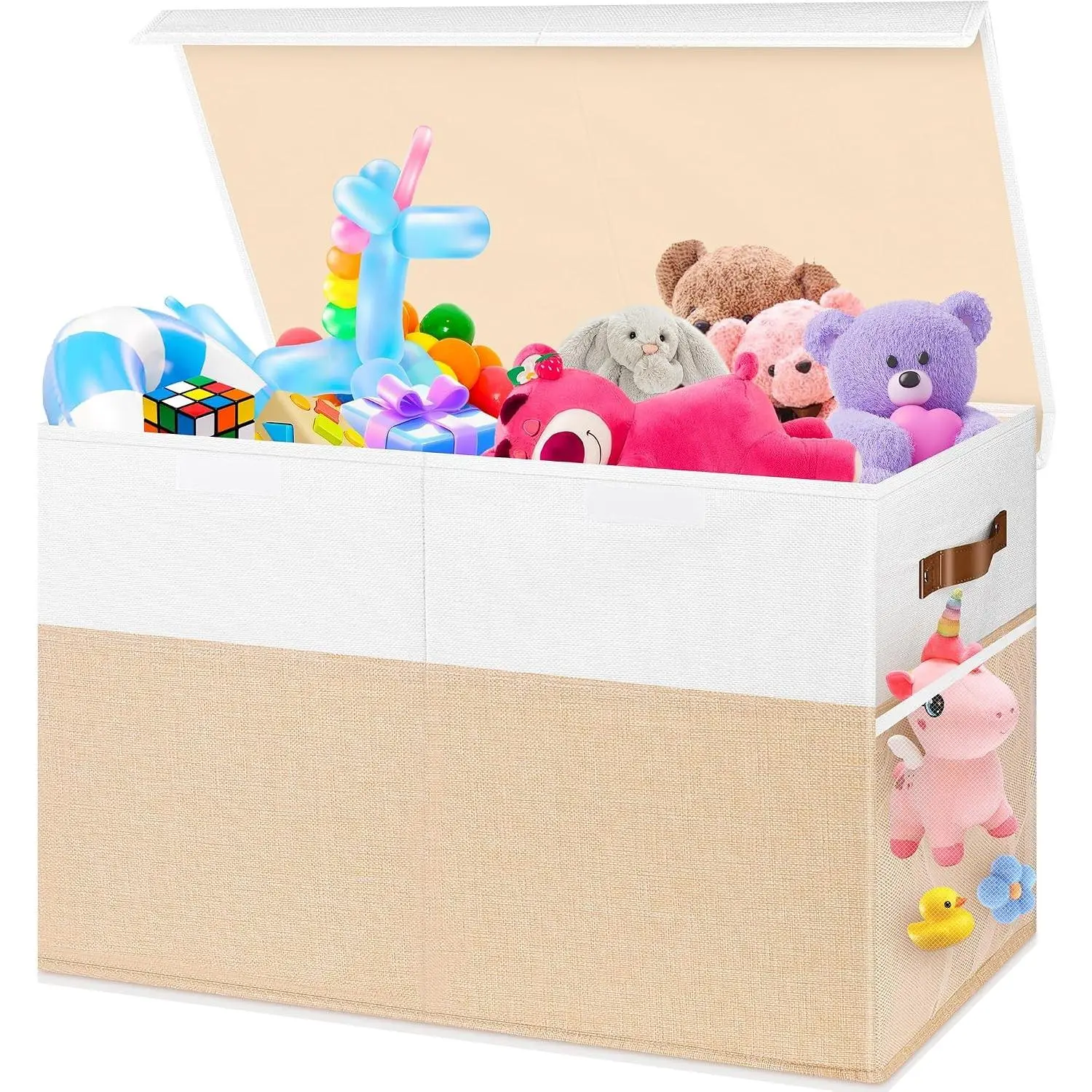Large Toy Box, Collapsible Sturdy Storage Chest With Lids, Kids Toy Chest Storage Organizer Toddler Bin Boxes for Living Room, Bedroom, Nursery, 25"x13"x16", Beige & White