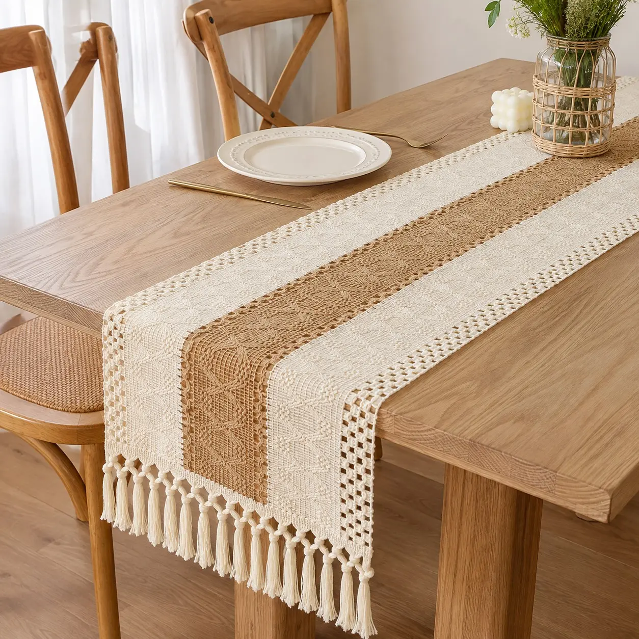 72 inch Boho Table Runner with Tassels | Fall Decor, Durable Fabric, Rustic Woven Dining Table Runner, Easy Care, Everyday Table Scarf For Farmhouse Kitchen Dining Room Macrame Burlap Coffee Table Decoration Dresser Runner Pottery Barn Furniture Match