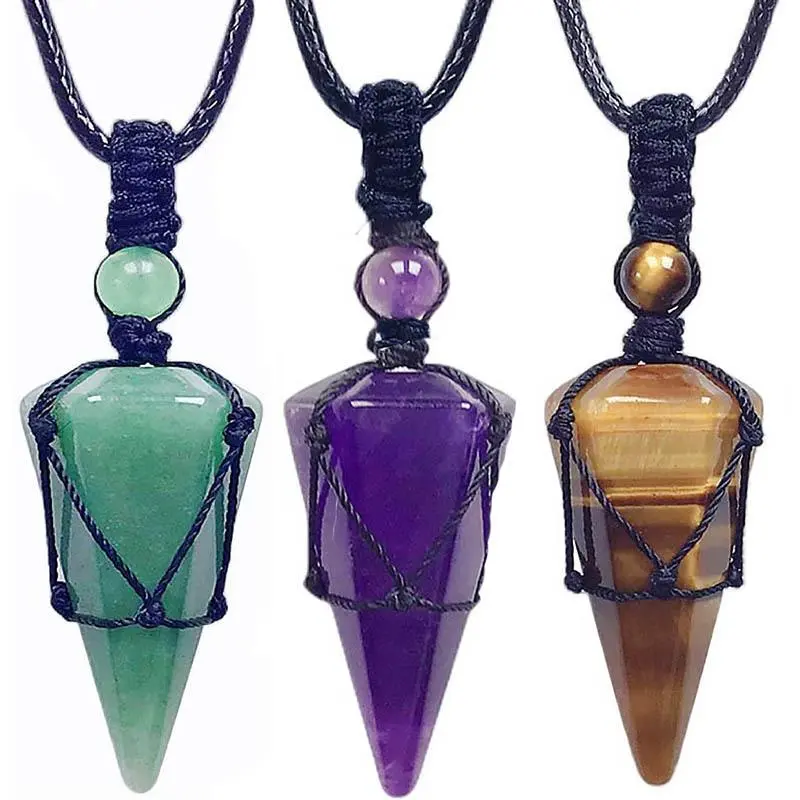 Unisex Colorful Natural Healing Crystal Pendant Necklace Handmade Adjustable Black Rope Chain Natural Gemstone Pendant Vacation Travel Beach Jewelry Holiday Gift