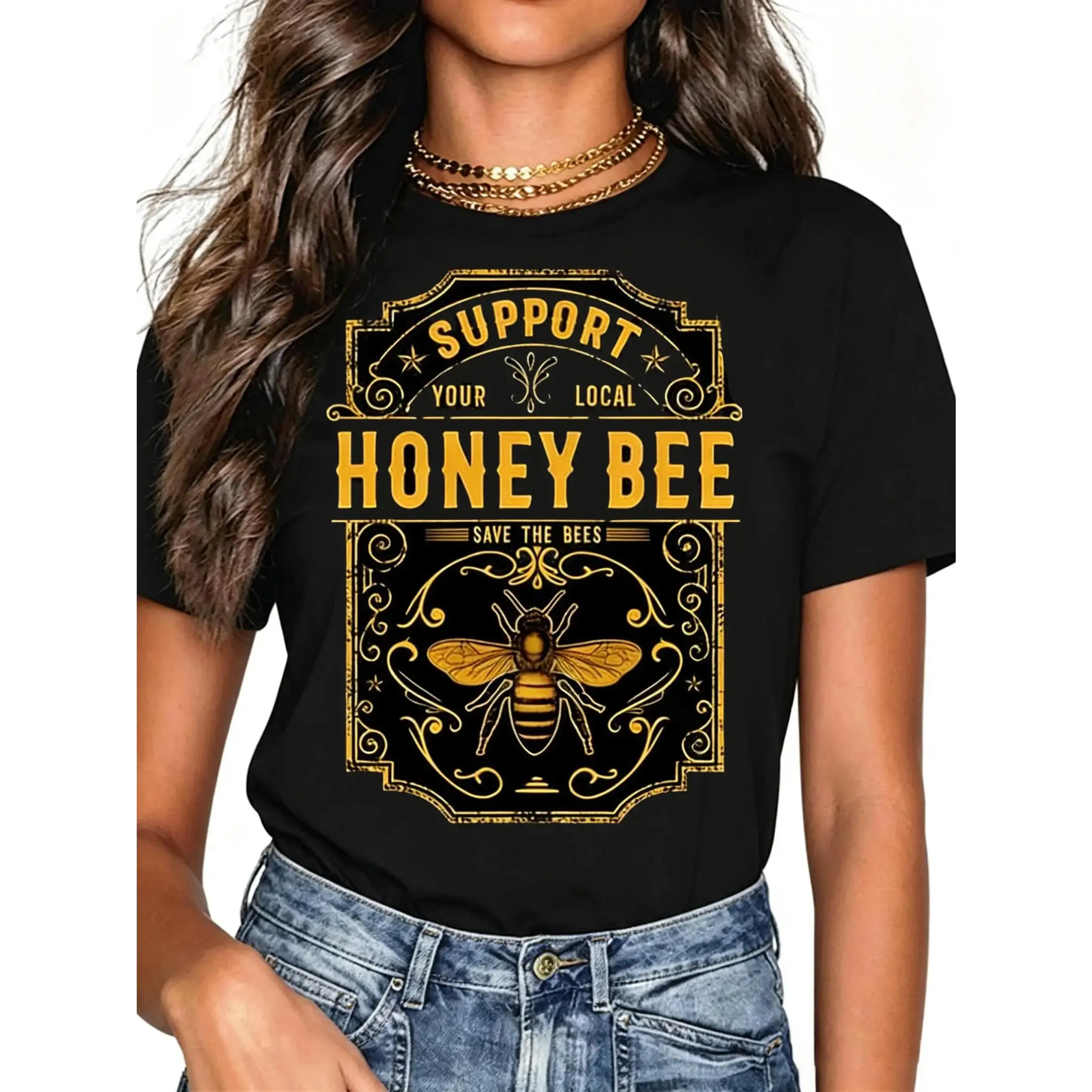 Trending Versatile Womens Top Support Your Local Honey Bee Retro Bee Animal Theme Short Sleeve T‑Shirt High Quality Print Casual Daily Outfit Weekend Wear Affordable Small Surprise Gift