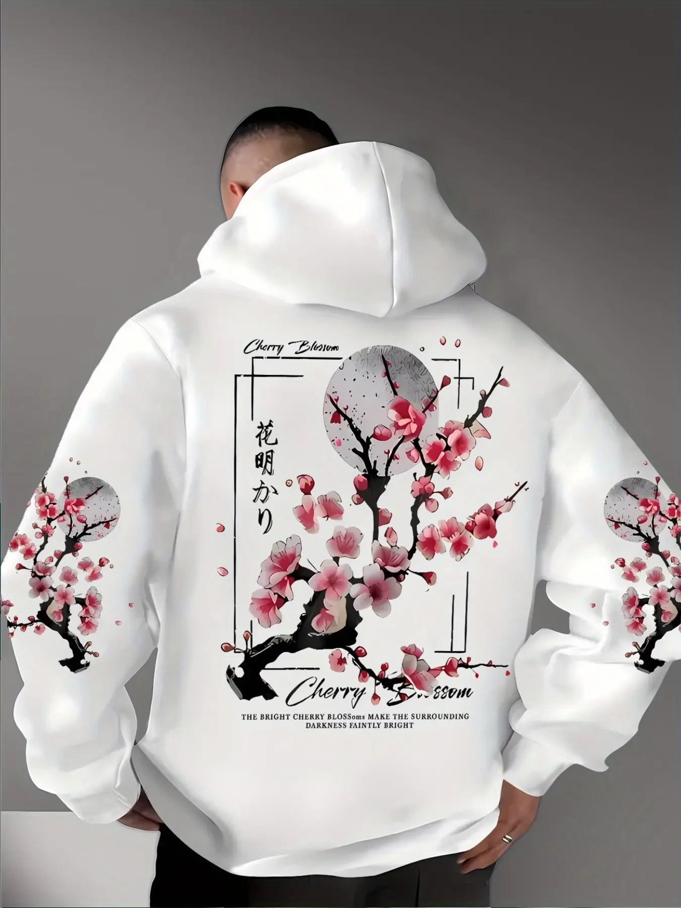 High Street Trendy Men's Hooded Sweatshirt, Drop Shoulder Design, Japanese Cherry Blossom Graphic, Floral, Fall & Winter Streetwear Essential