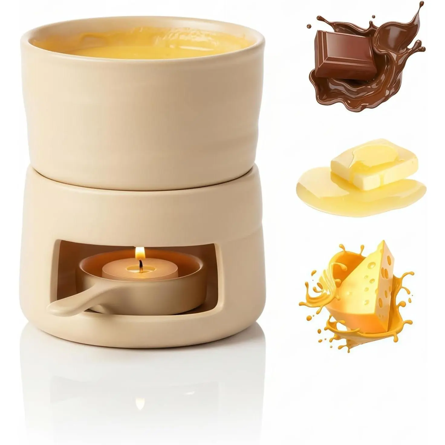 Sweet Fondue Mug with Candle Holder | Ceramic Chocolate Melting Cup & Reusable Candle Warmer Base | Mini Fondue Pot for Romantic Dates, Birthday Gifts (Wheat Yellow)