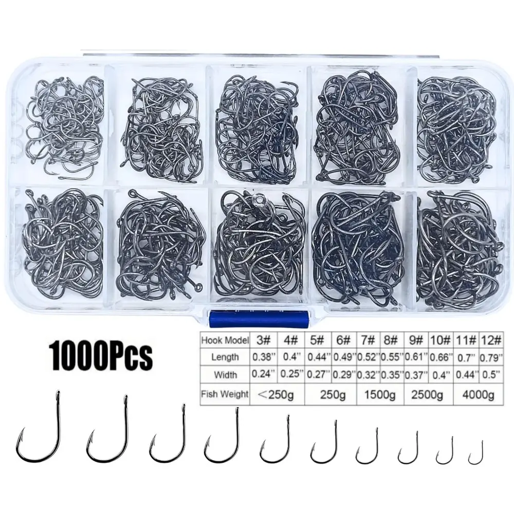 1000 Pcs Fishing Hooks Kit 10 Mixed Sizes, Black Silver Sharpened Carbon Steel Fish Hooks with Storage Box, High Quality Durable Fishing Accessories, Ideal for Freshwater Saltwater General Angling Outdoor Fishing Activities for Anglers