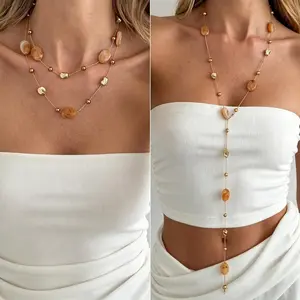 Back to school supplies Viral Gold Tone Multi Way Convertible Necklace Amber Tone Marbled Resin Plunge Chain Baddie Aesthetic Main Character Energy Vacation Jewelry