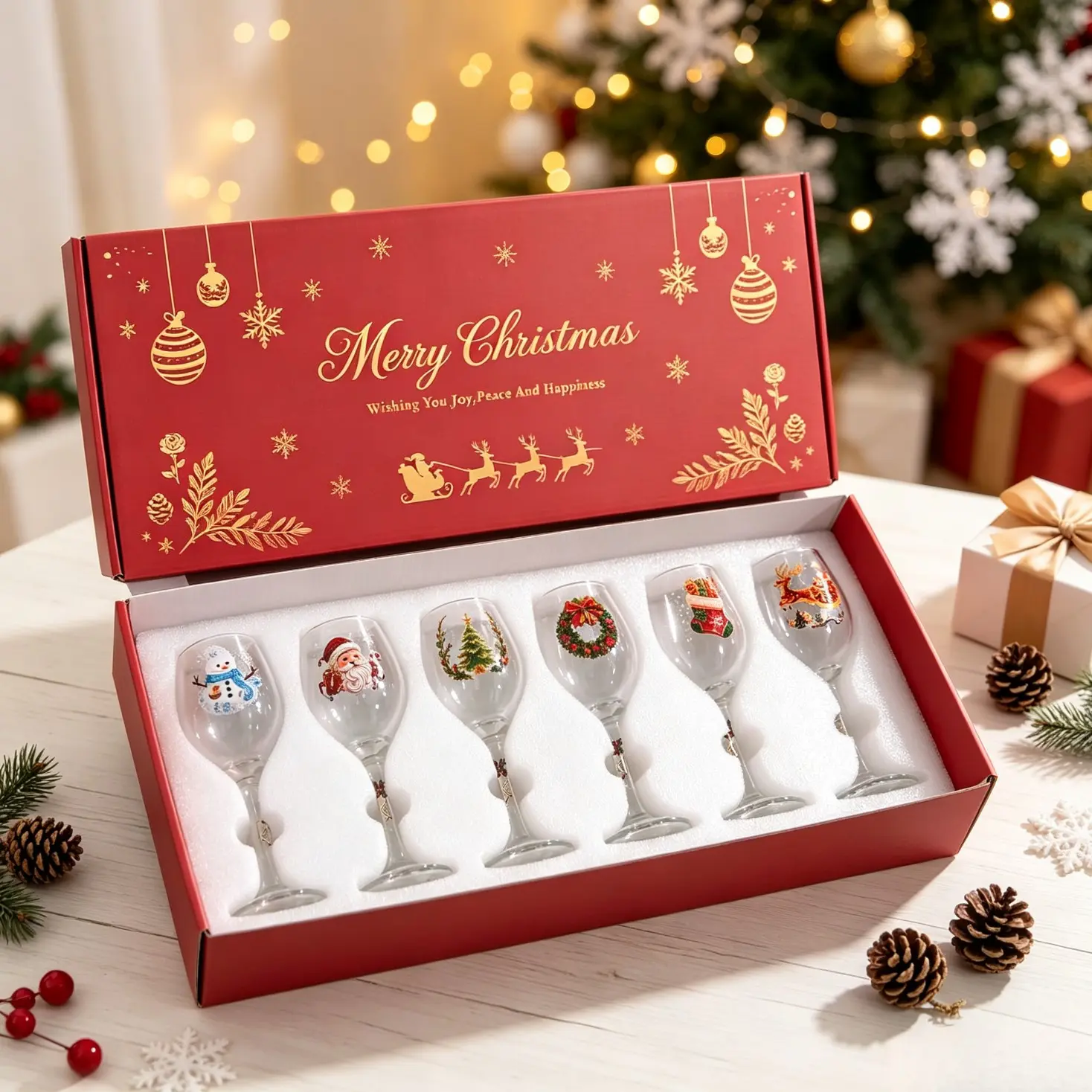Christmas Art Glass Wine Glasses Gift Set, Festive Decal Printed Goblet Cups, Holiday Xmas Drinking Glassware for Christmas Party & Gift Giving