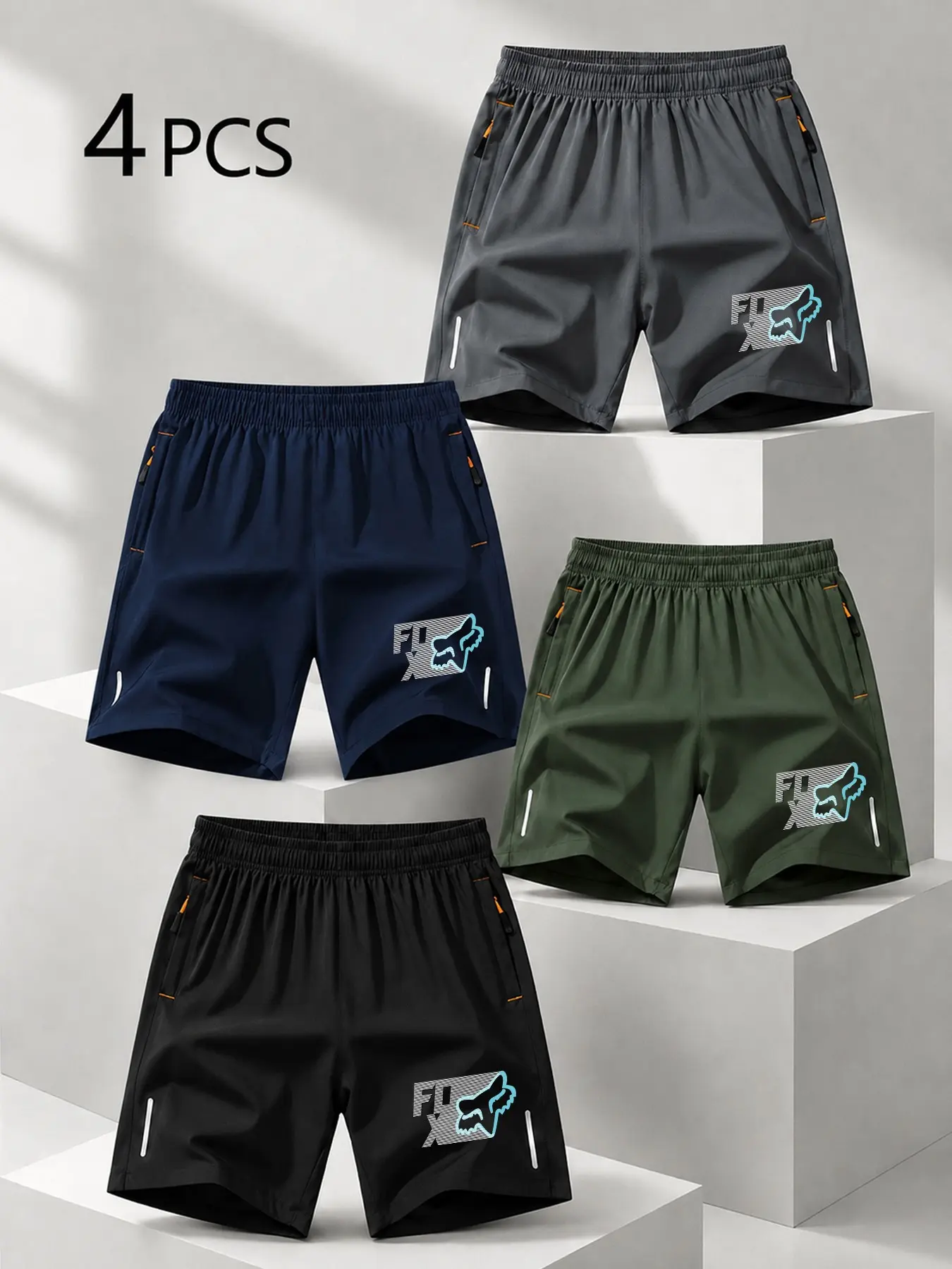 4 Pcs Men's Quick-Dry Shorts with Fox Print, Lightweight Breathable Zip Pocket, Sporty Style, Outdoor Activity, All-Season Wear