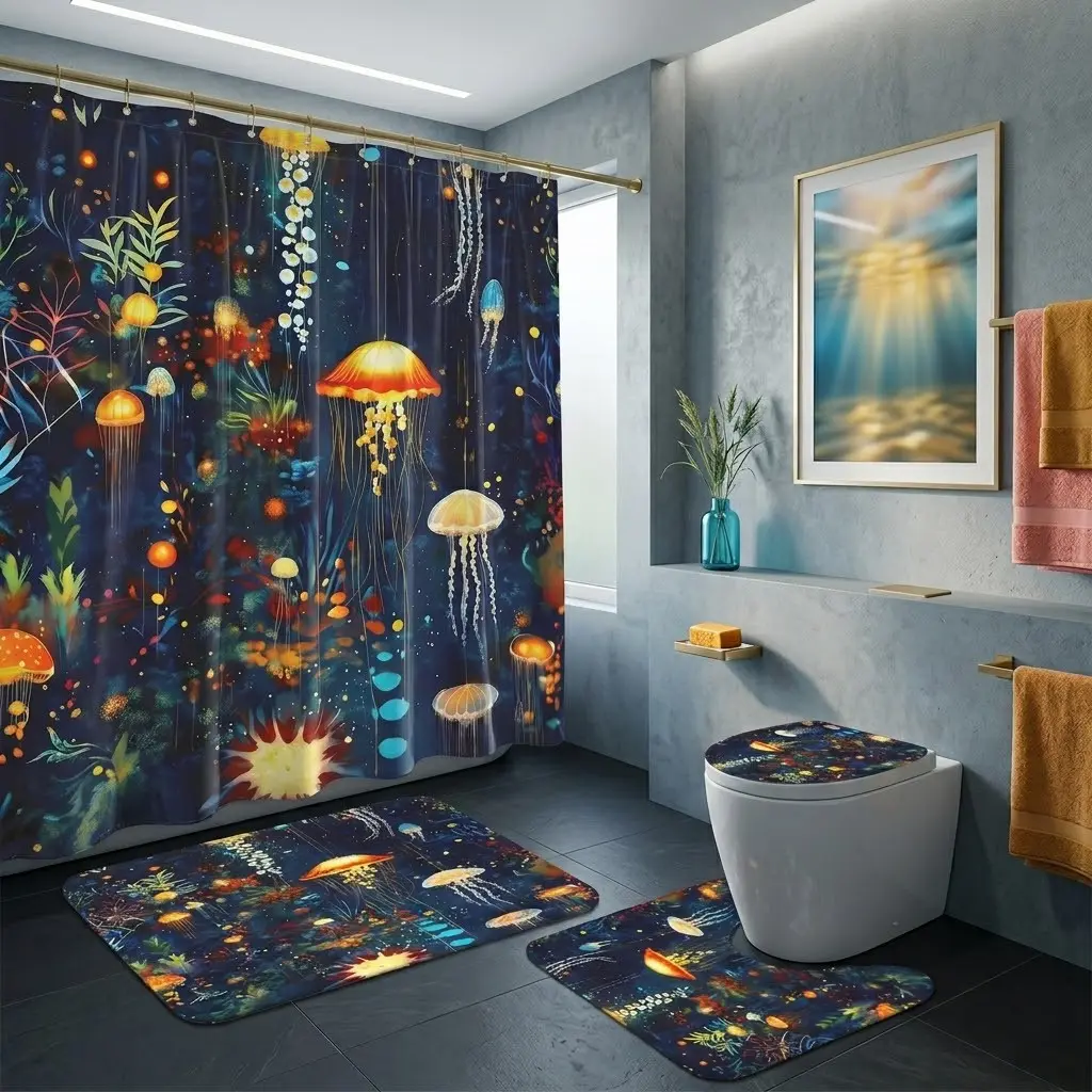 4pcs Bioluminescent Jellyfish Bathroom Decor Set, Enchanting Shower Curtain, Toilet Seat Cover, Bath Mats, Magical Oceanic Theme