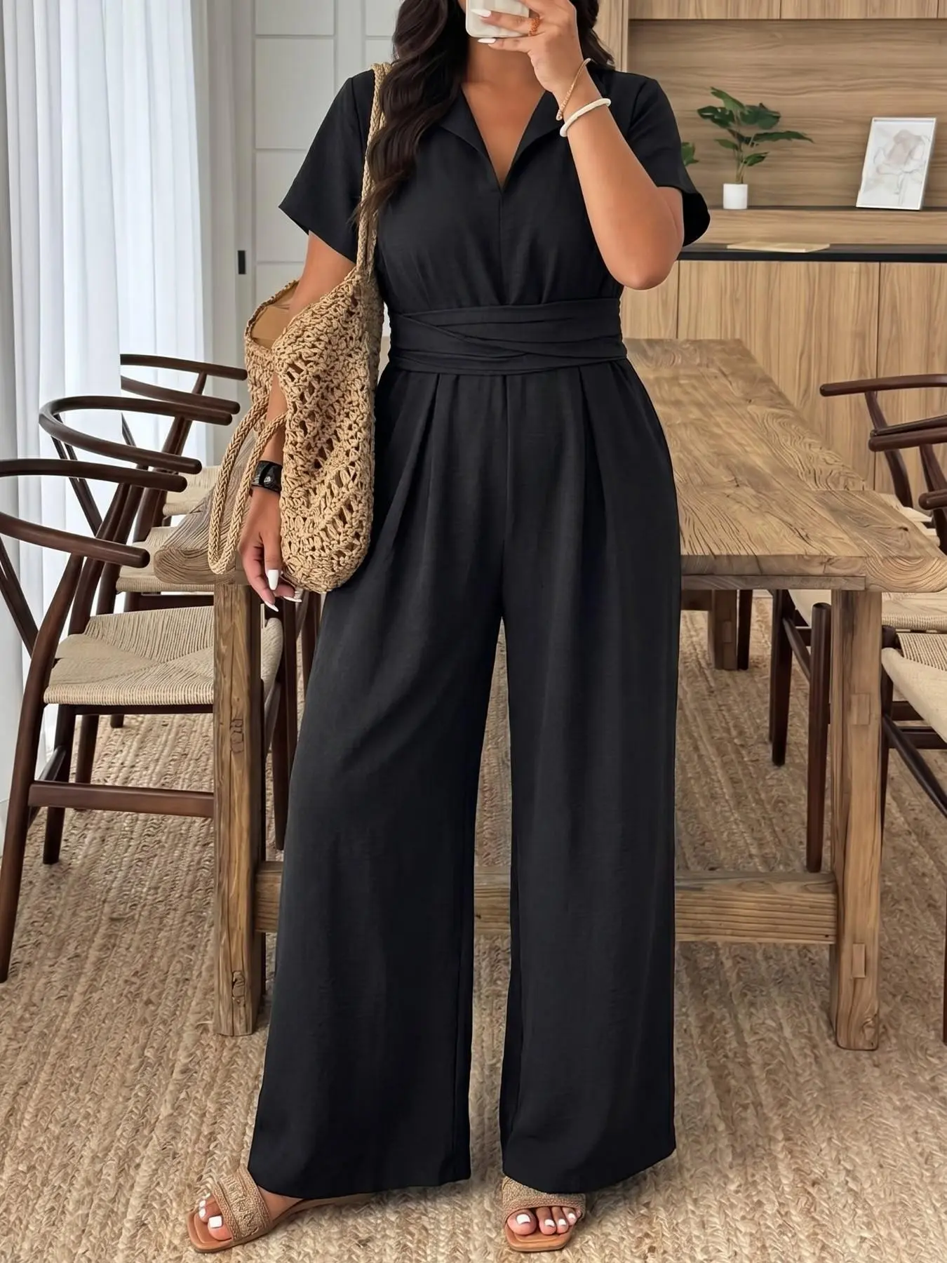 Plus Size Women's Solid Short Sleeve High Waist Jumpsuit, Elegant Casual Loose-Fitting Design, Perfect for Daily Wear, Office, Dates, Graduation, Parties