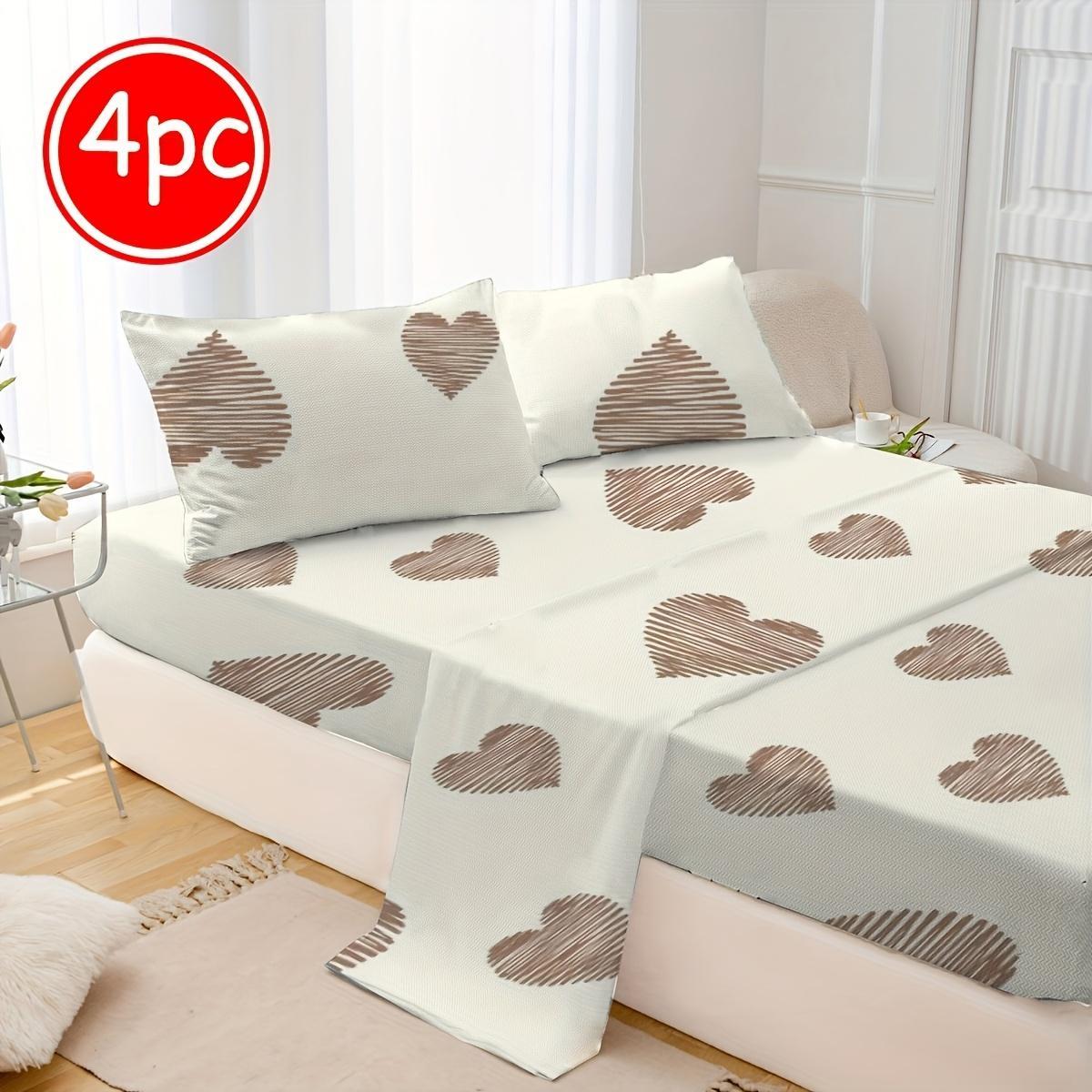 Heartbeat Wave Pattern Bedding Set, Including 1 Fitted Sheet & 1 Flat Sheet & 2 Pillowcase without Filler, Soft Comfortable Bedding Set for Home Bedroom
