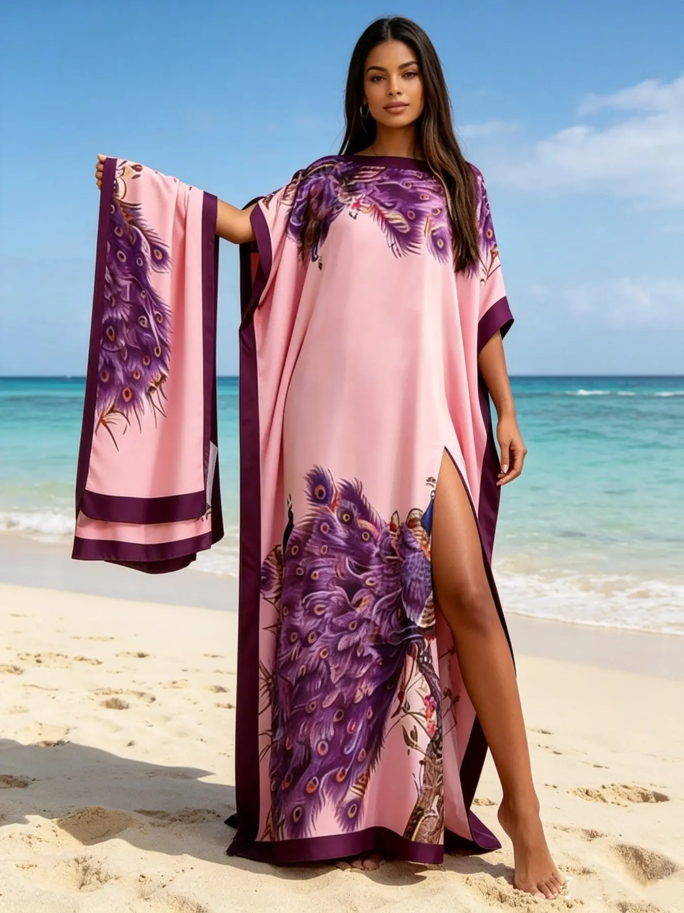 Plus Size Women's Baby Pink Border Purple Floral Print Casual Bohemian Maxi Kaftan Dress with Matching Scarf 2 Piece Set, Loose Batwing Beach Cover Up, Loungewear Nightgown Pajama for Resort Pool Home Sleepwear