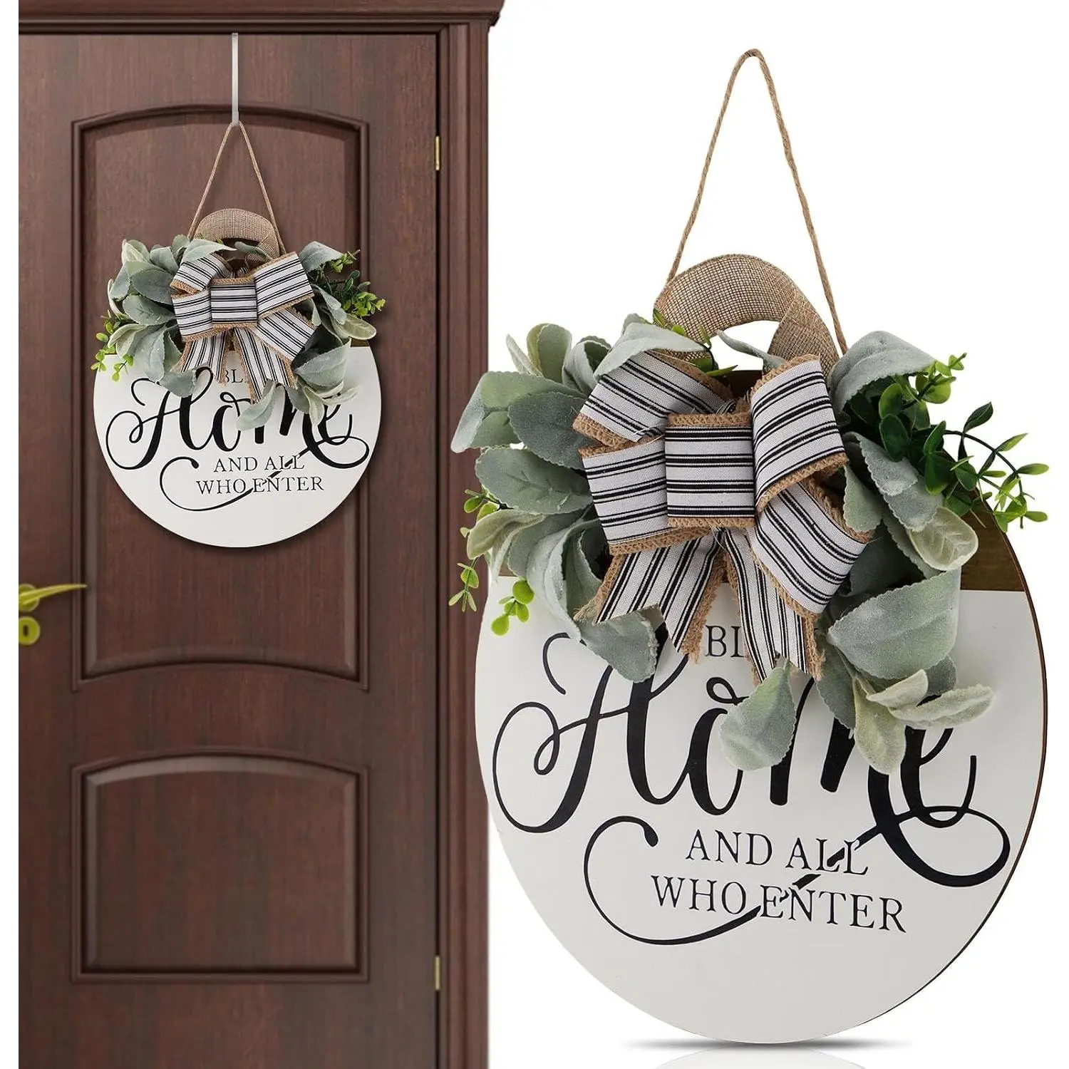 12 in Round Welcome Wreath Decoration with Stainless Steel Metal Hooks, Fade-Resistant Festive Decor for Front Door Porch, Indoor-Outdoor Housewarming Supplies