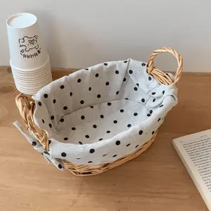 Fabric and rattan woven storage basket for home use, entryway tabletop miscellaneous storage basket, bathroom washstand organizing storage basket