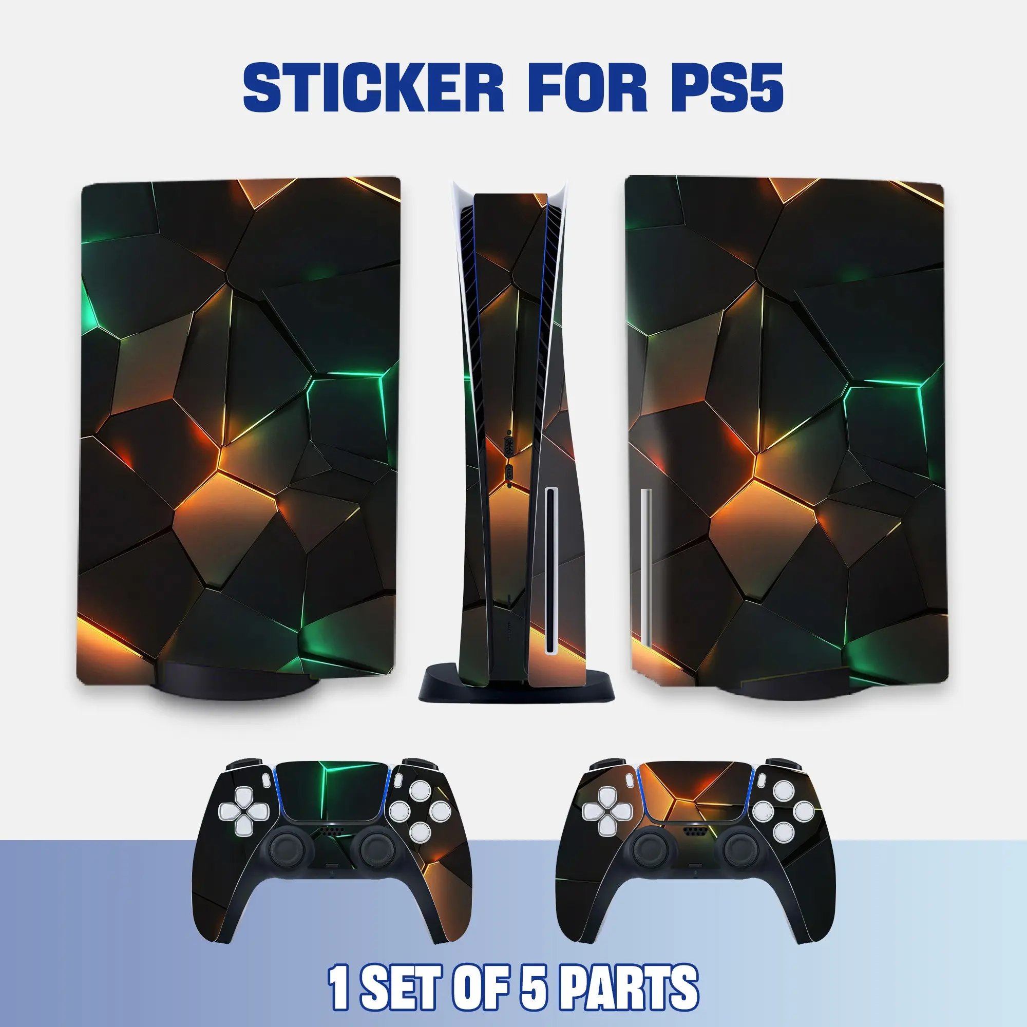 Neon Geometric Faceted Style PS5 Disc Edition Vinyl Skin Sticker for Console & Controllers, Waterproof, Scratch-Resistant, Dustproof, Removable & No Residue