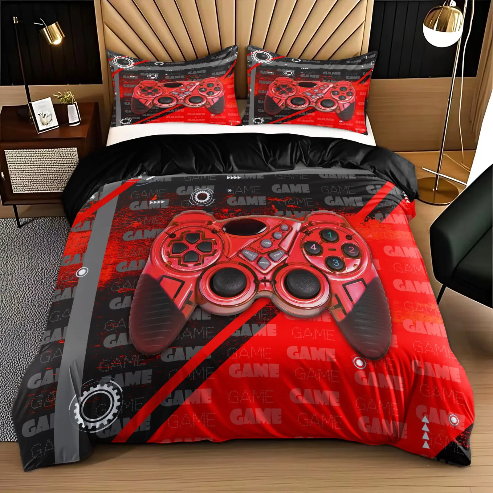 3-Piece Game Controller Print Tech Bedding Set, Soft Breathable Fabric, All-Season Use, Includes 1 Fitted Sheet + 2 Pillowcases