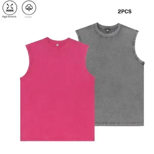 Pack of 2 sleeveless cotton tank tops, American street style, distressed washed look, highly elastic and skin friendly fabric, suitable for gym workouts, everyday casual wear, versatile basic men’s apparel Muscle Wash Unisex Acid