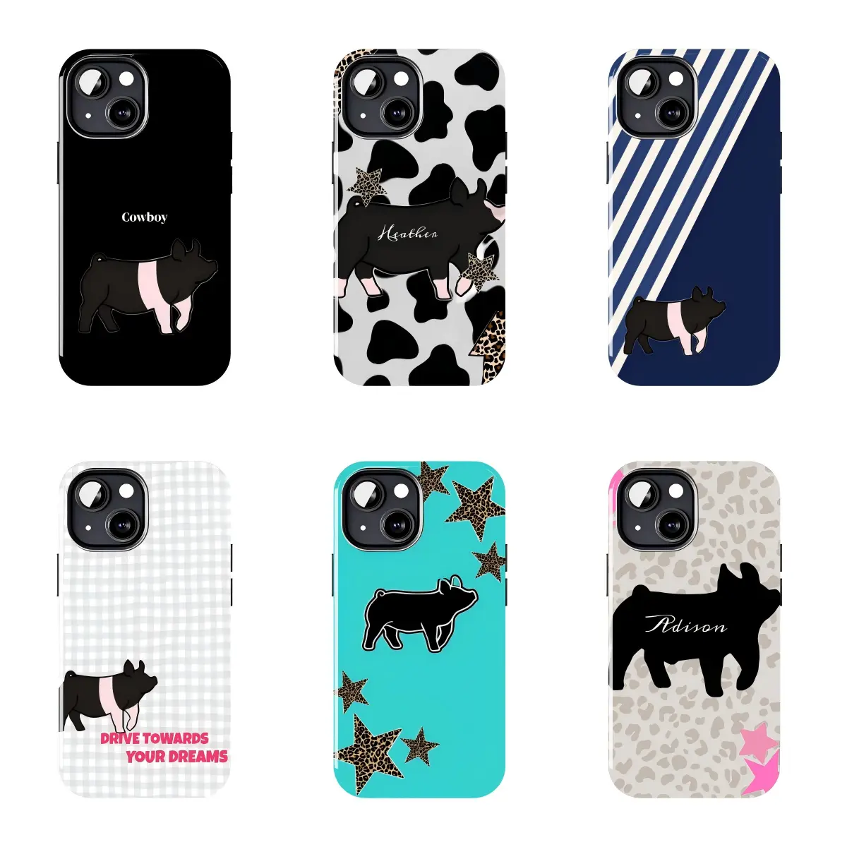 Pig Silhouette Western Y2K Mixed Print Phone Case, Soft TPU Shockproof Cover for iPhone 16/15/14/13/12 Pro Max, Farm Cowgirl Livestock Pig Lover Personalized Protective Case