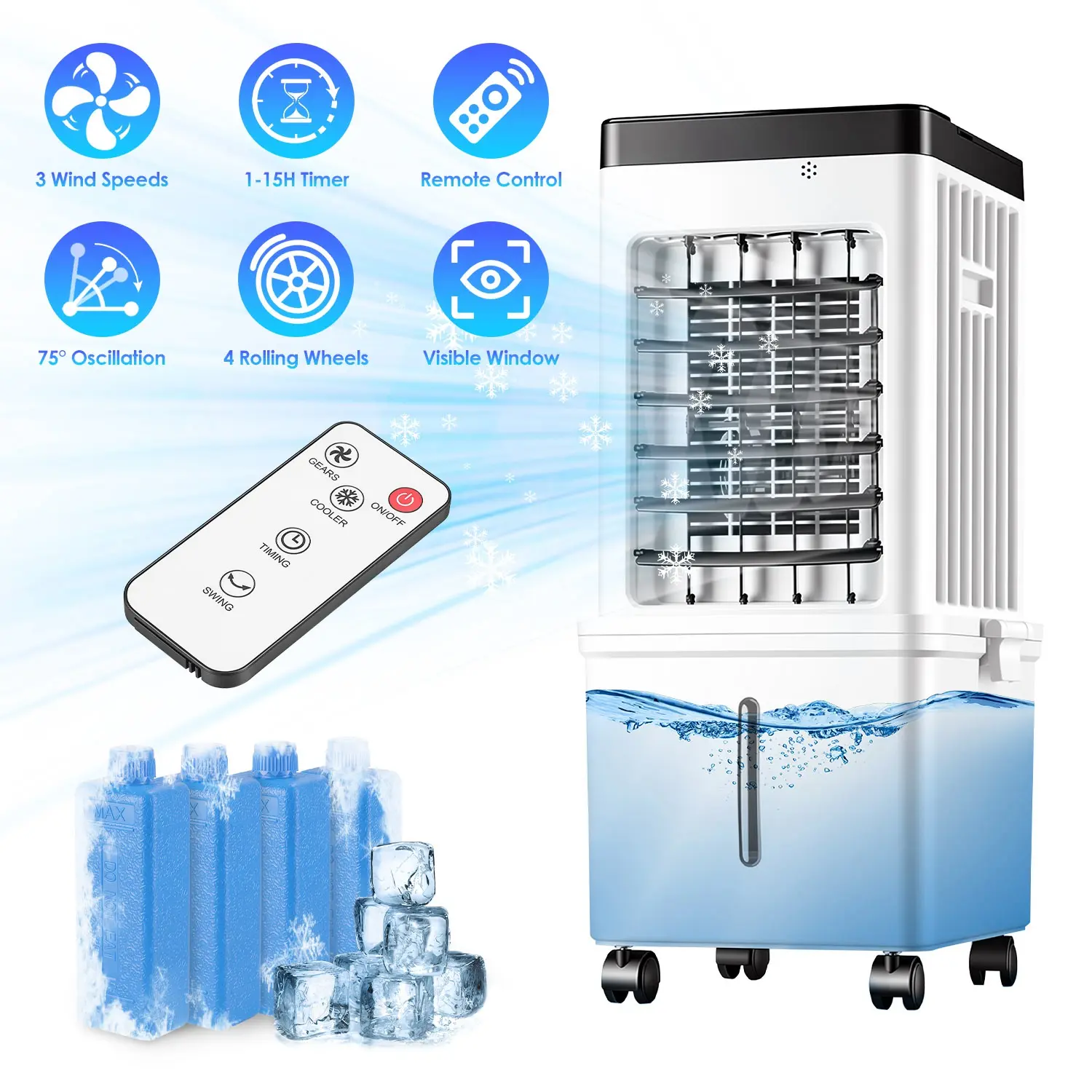 12L Portable Evaporative Air Cooler, Air Cooler Fan with Dual Water Tank, 3 Fan Speeds, Touch Panel & Remote Control, 4 Ice Packs, Oscillation, 15H Timer, Water Level Window, 4 Wheels for Home, Bedroom & Office,Sports & Outdoors