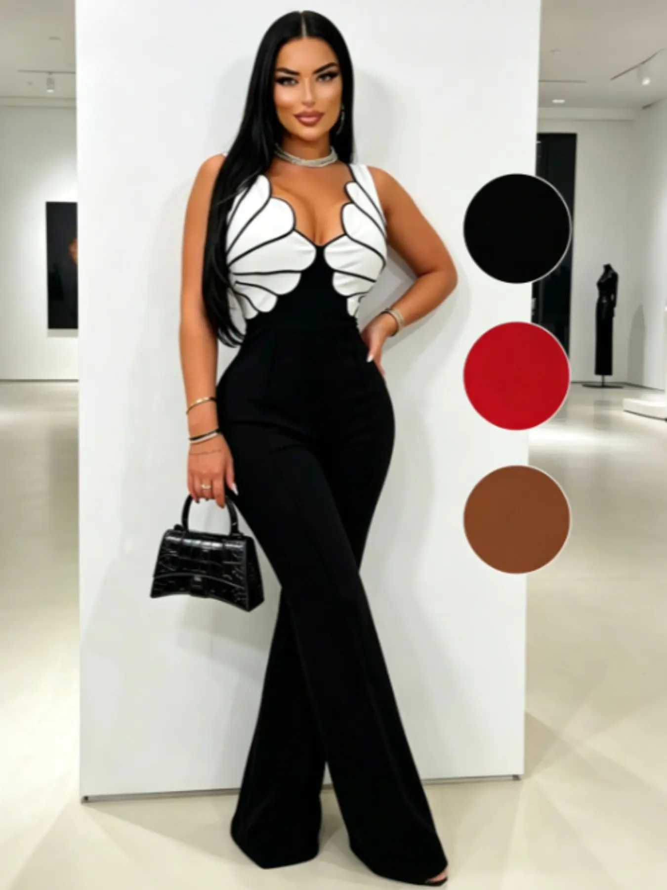 Deep V Butterfly Bust Wide Leg Jumpsuit – Sleeveless Bodycon Cocktail Party Evening Night Out Outfit