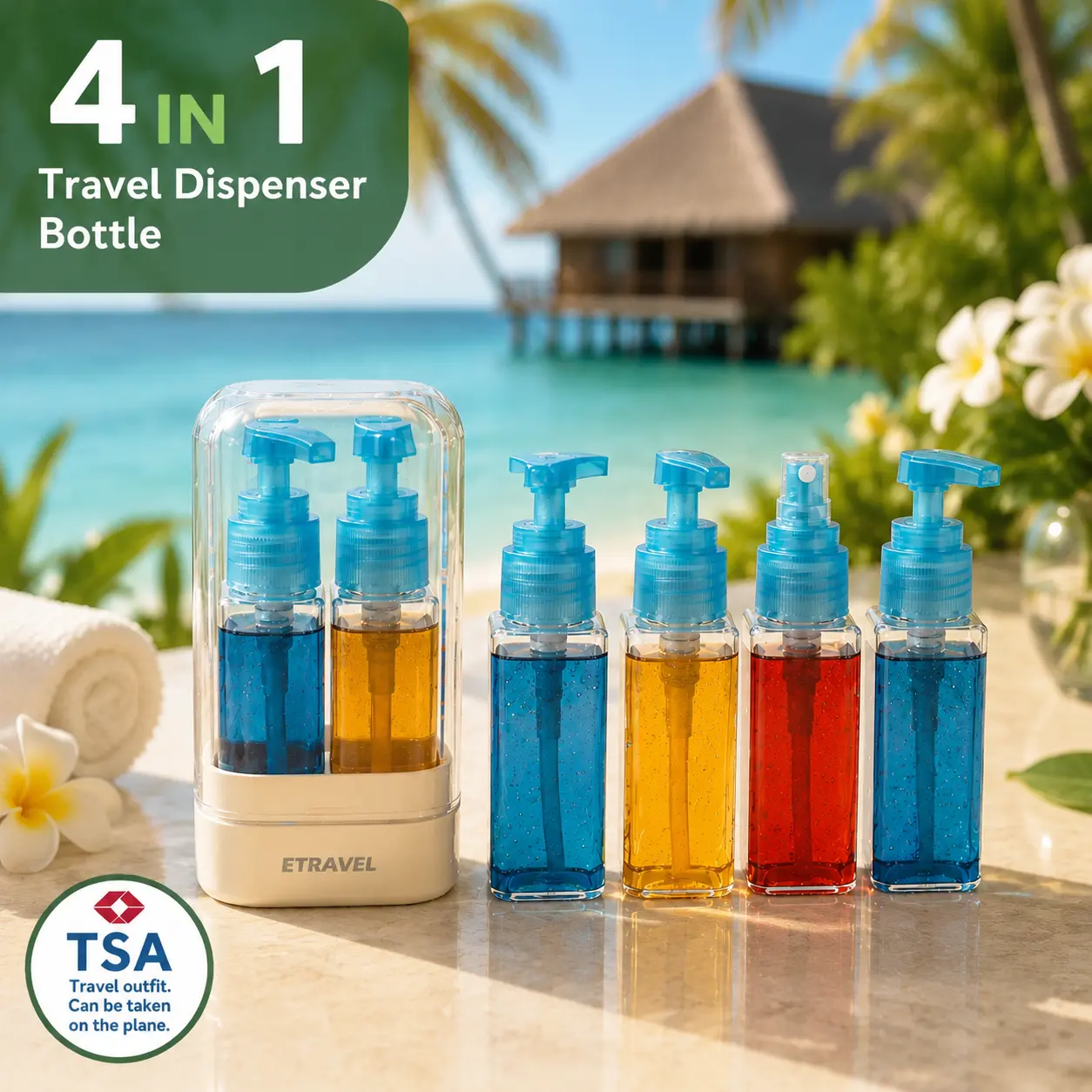4-in-1 Travel Storage Dispenser Bottle, TSA Approved 3-1-1 Carry-On Ready, Leakproof, Compact, Secure Seal Space Saver