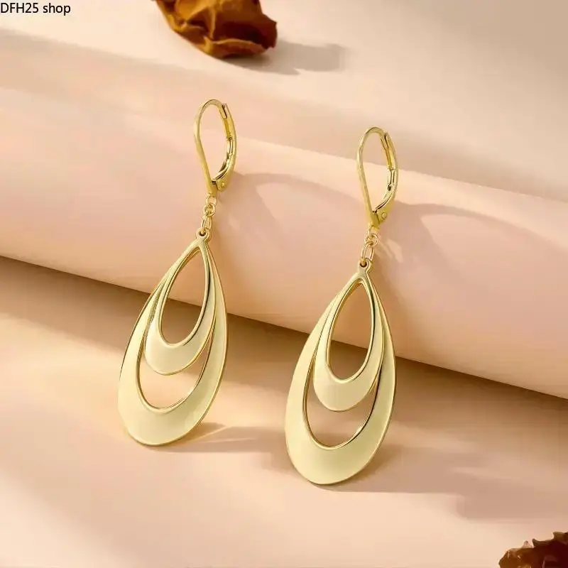 Double Teardrop Leverback Earrings for Women, Gold Plated Geometric Dangle Jewelry, Lightweight Hypoallergenic Fashion Accessory for Daily Wear
