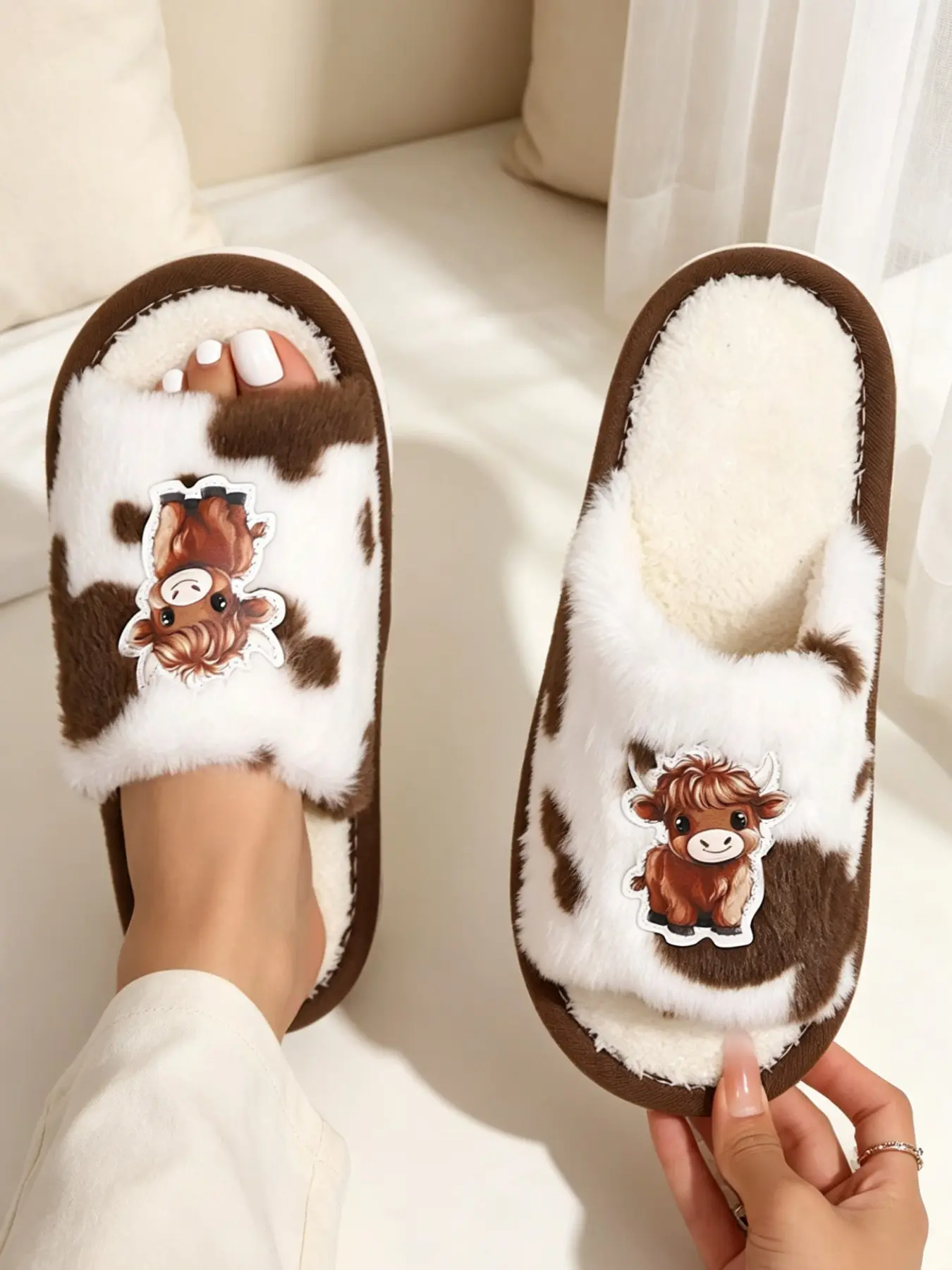 Women's Cute Comfortable Indoor Plush Slippers, Animal Slippers, Cartoon Highland Cow Pattern, Soft Sole Anti-Slip, Casual Home Footwear