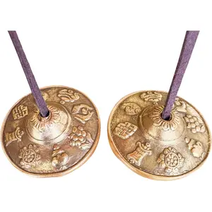 Tibetan Tingsha Cymbals, 2.6 inch Bronze Meditation Bells with Drawstring Bag, Traditional Sanskrit Design for Percussion Instrument
