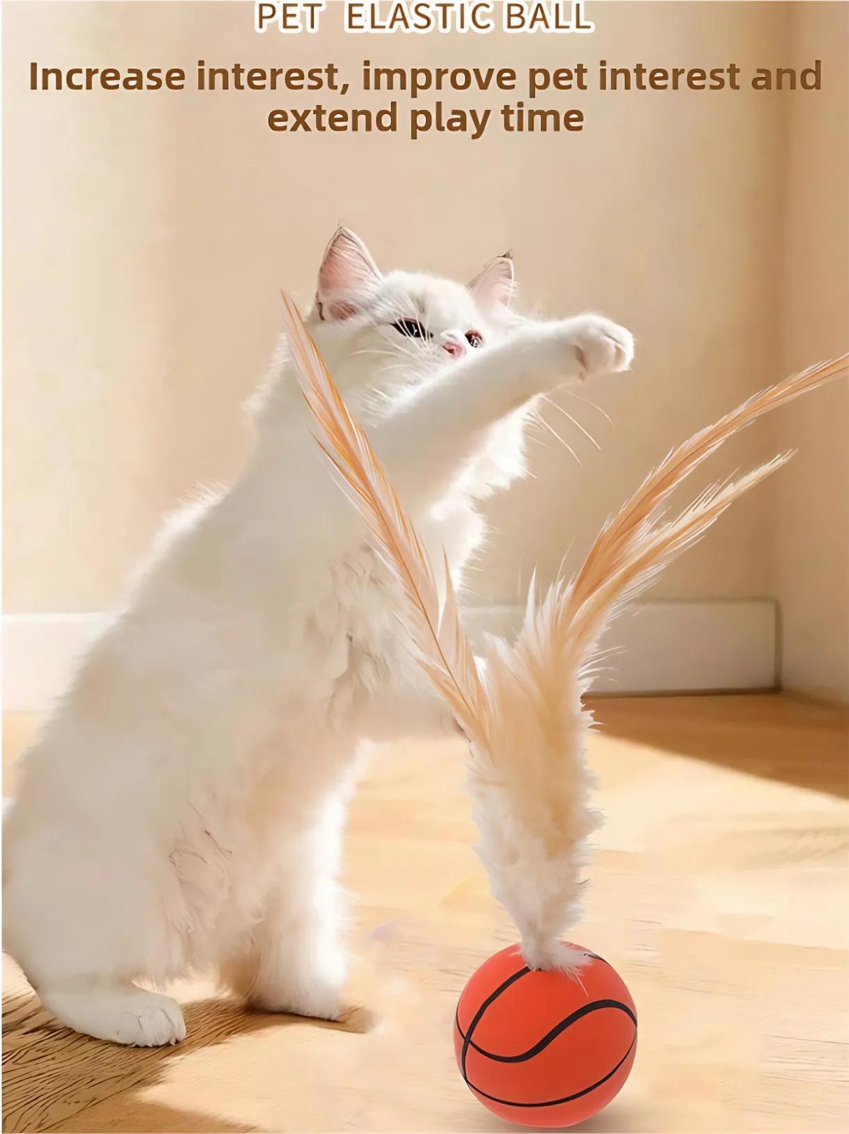 New Rubber Elastic Ball with Feathers Interactive Cat Toy for Chasing Biting Play Fun as Soccer Football Basketball Baseball Ball Pet Supplies