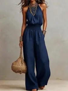 BohoChic Smocked High Waist Linen Blend Halter Neck Wide Leg Jumpsuit, Sleeveless Pocket Design Casual Outfit for Beach Vacation Summer Holiday Bohemian Daily Wear, Trendy Oversized Loose Fit Resort Romper Outfit TikTok Viral Women Apparel