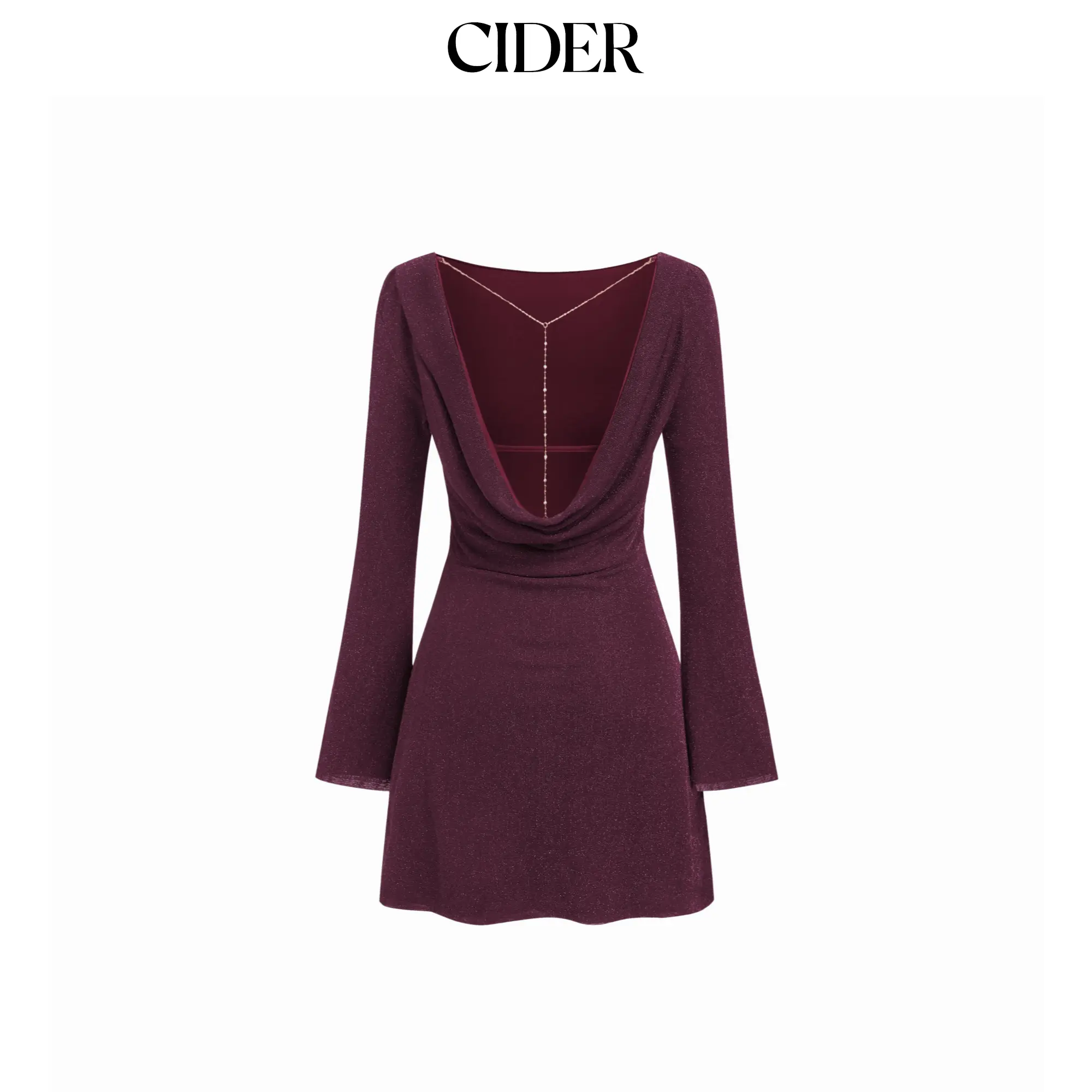 Cider Boat Neck Glitter Backless Rhinestone Chain Detail Bell Sleeve Mini Dress SohoChic