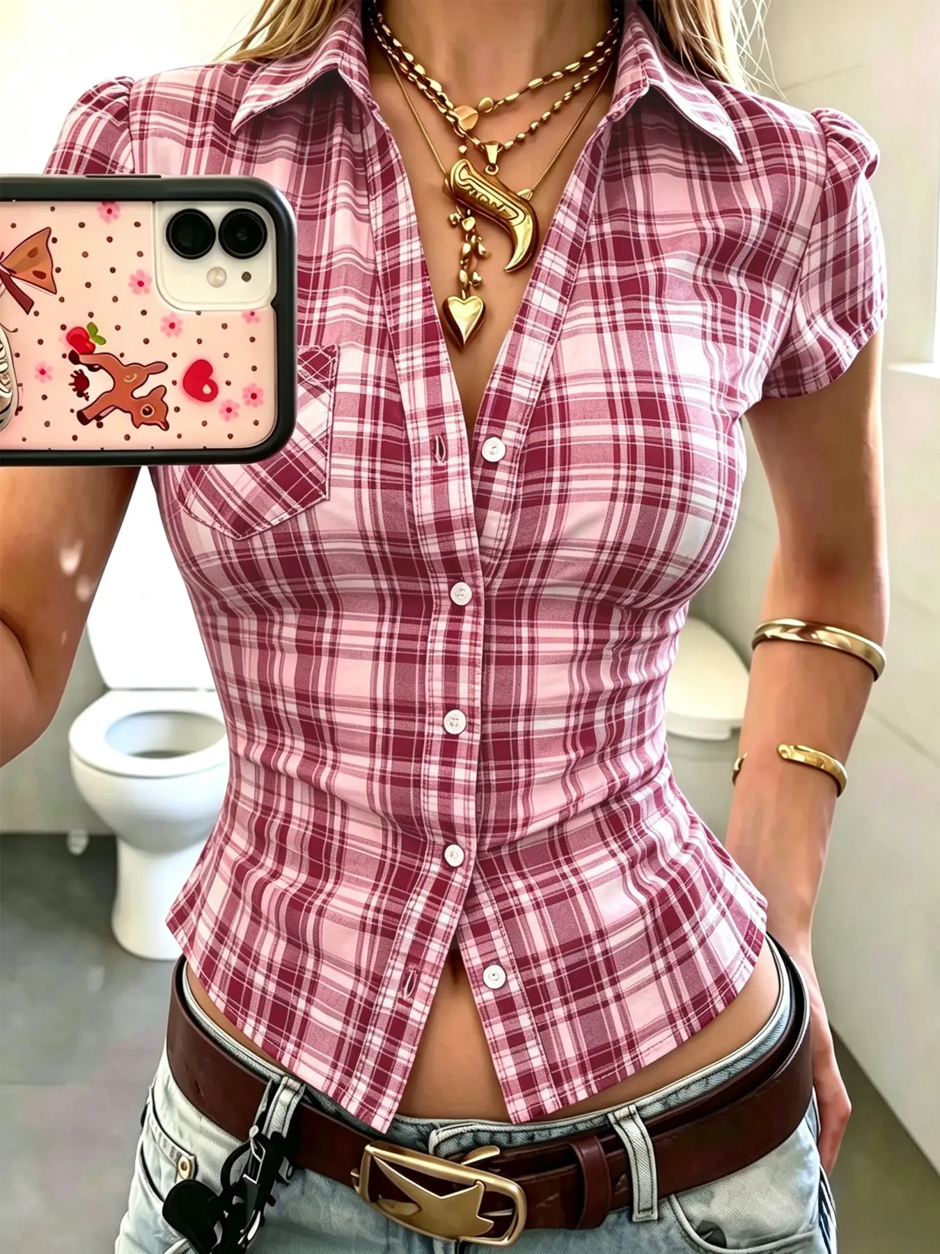 Women's Plaid Slim Fit Short Sleeve Shirt, Turn-down Collar Button Front Cropped Top, Retro Style For Shopping Trip, Casual Hangout And Daily Outing Occasions