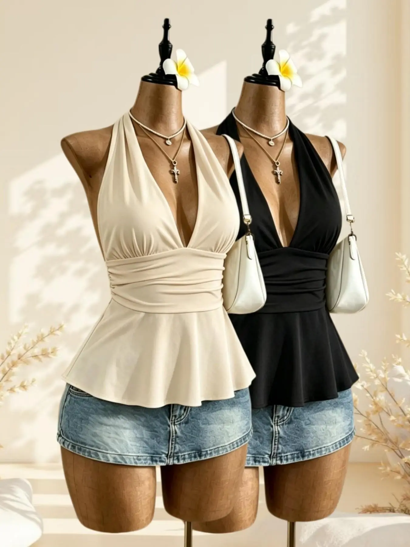 Vintage Sweet Cool Polka Dot Halter Top, Deep V Waist Slimming Ruffle Sexy Shirt, Two Pieces Set, Casual All Seasons Wear Fit