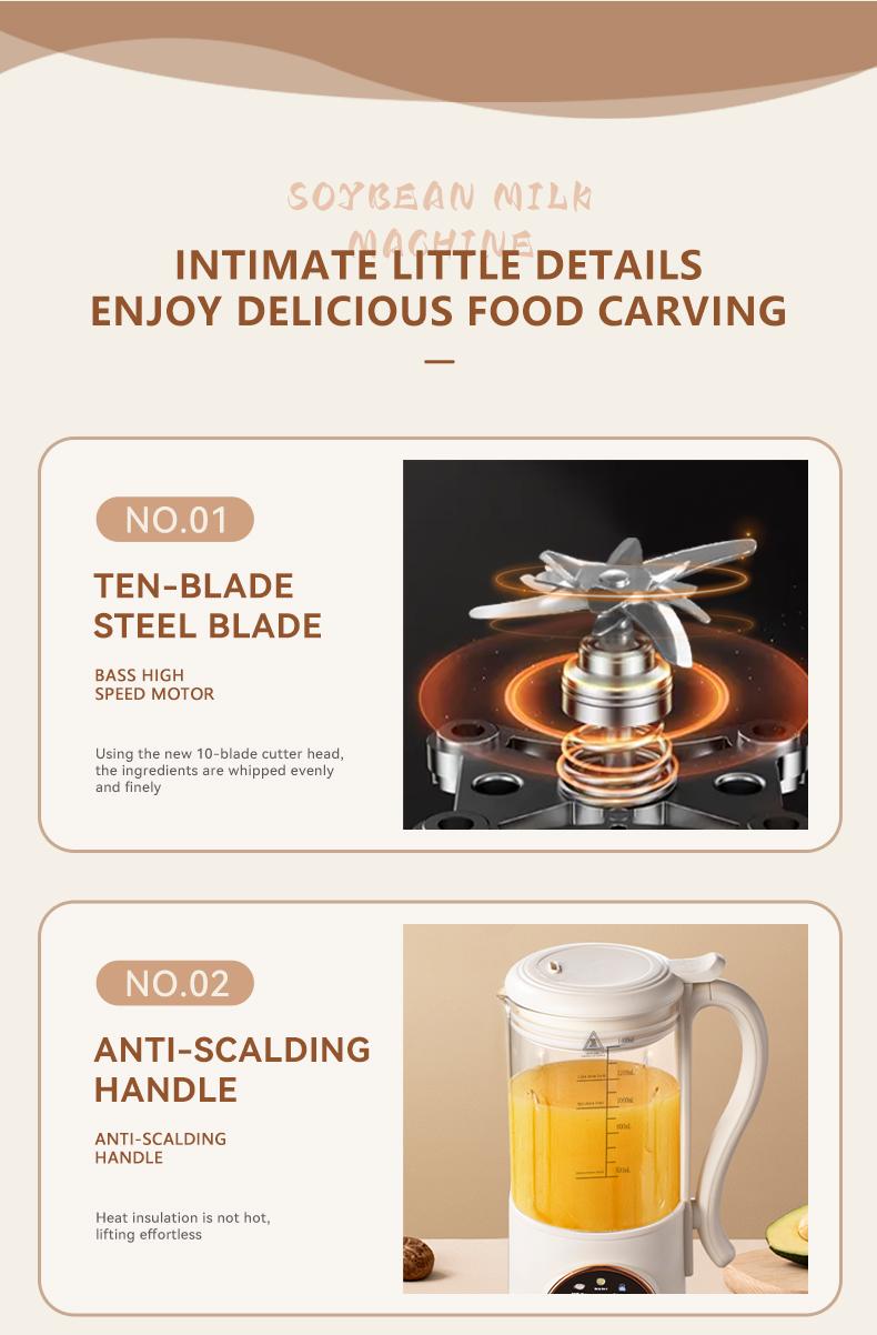 A breakfast essential for early risers! Stainless steel blades — 47.34 oz nut, milk, soy, and oat grinder; built-in heating baby food warmer; delayed start safety features; multifunctional blender for juice and almonds, no batteries required.