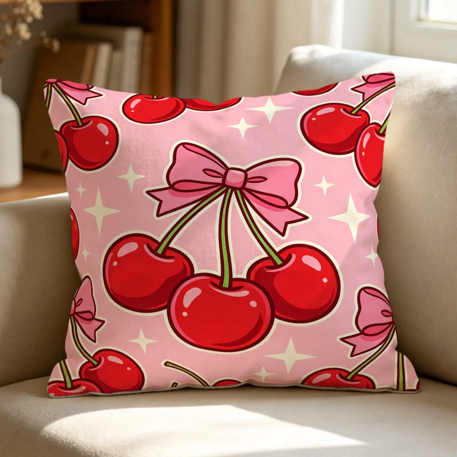 Cute Cherry Bow Star Digital Print Throw Pillow, Soft Decorative Accent Pillow with Includes Pillow Core, Sweet Pink Cartoon Cushion for Girls Bedroom Sofa Couch Car, Lovely Home Decor Cushion, Ideal Birthday Holiday Gift for Teens & Women Indoor Daily Us