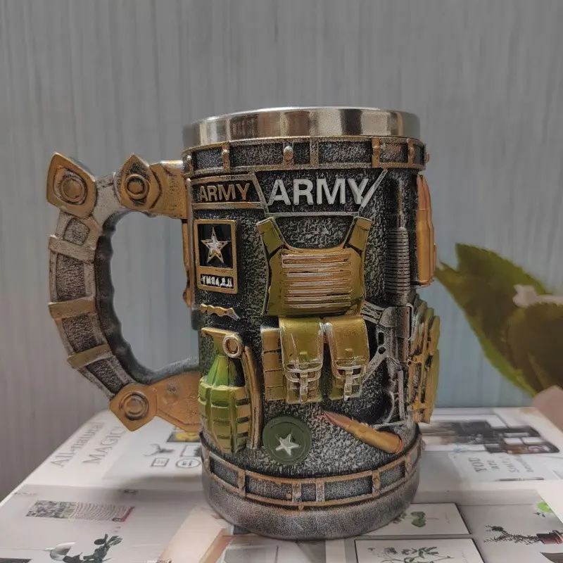 Zuvokin 300ML Military Theme Embossed Beer Mug, Retro Tactical Resin Outer, Stainless Steel Liner, Collectible Drinkware, Unique Gift