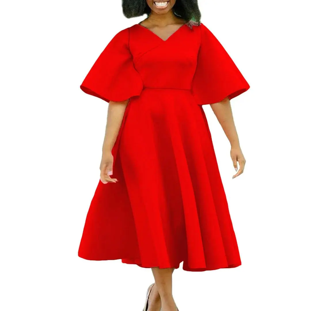 Women's African Print V-Neck Dress - Short Sleeve Fit & Flare, Knee-Length Polyester, Plus Size to S, Elegant Fashion Commute Look African Dress