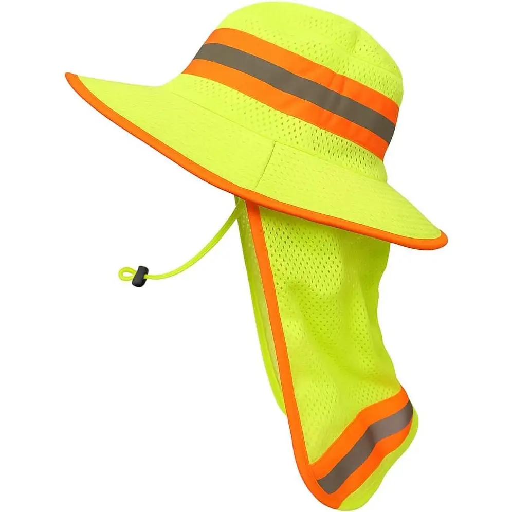 Men High Visibility Reflective Work Safety Sun Hat with  Flap Wide Brim Boonie UV Protection