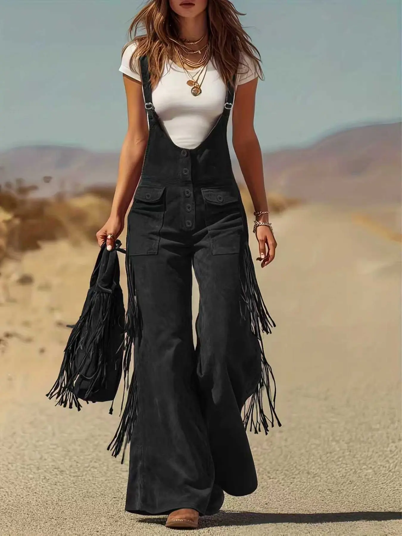 2026 New Western Style Fringe Wide Leg Pants, Vintage Buckle Design, Long Loose Fit, Perfect for Everyday Wear, Womenswear, Aesthetic Vibe, Casual Street Trousers