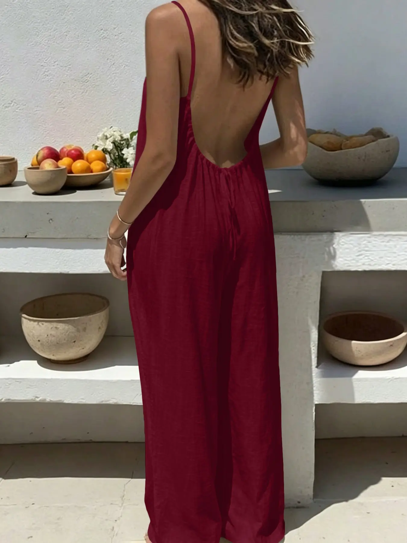 Women's Boho Style Spaghetti Sleeveless Jumpsuit, Backless, Ankle Length Loose-Fit Plain Design, Perfect for Parties, Dates, Vacations, Birthdays, Beach Nights