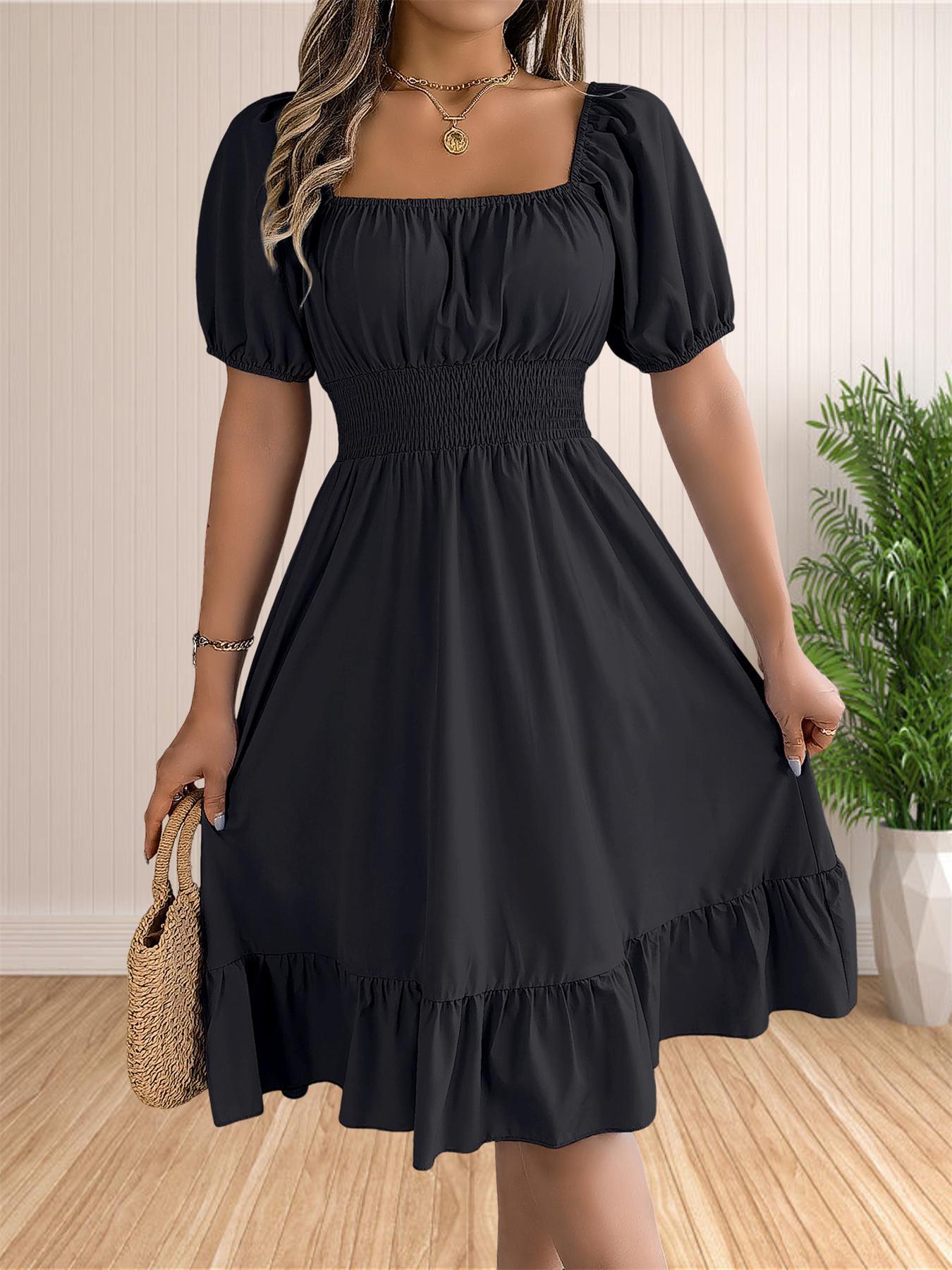 Women's Plain Ruffle Hem Shirred A Line Dress. Casual Fashion Dress. Casual Puff Sleeve Square Neck Knee Length Dress for Summer. Women's Clothing for Daily Wear Women's Plain Ruffle Hem Shirred A Line Dress. Casual Fashion Dress. Casual Puff Sleeve Square Neck Knee Length Dress for Summer. Women's Clothing for Daily Wear