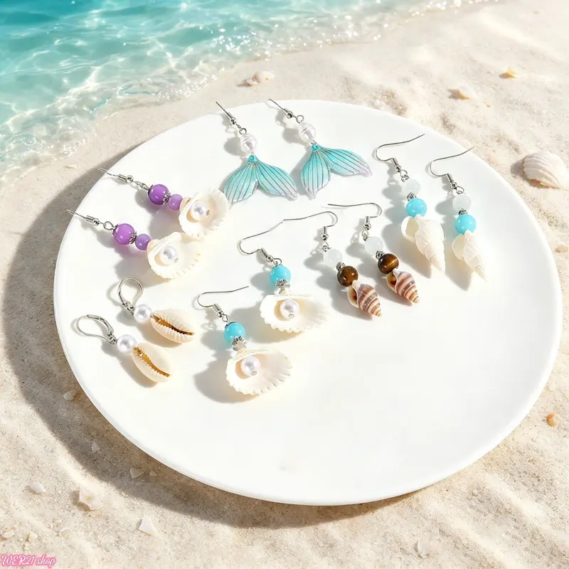 Dangle Earring Jewelry Set | Viral 2026 Boho Ocean Coastal Earrings, Natural Stone Seashell Drop Ear Ornaments, Beach Themed Stackable Accessory Pack for Women Summer Vacation Daily Outfit Gift