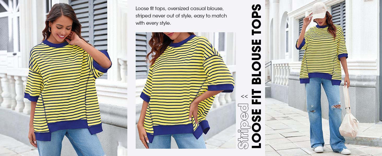 Imily Bela Womens Oversized T Shirts Striped Color Block Cotton Tops Summer Casual Half Sleeve Loose Fit Crewneck Sweatshirts Imily Bela Womens Oversized T Shirts Striped Color Block Cotton Tops Summer Casual Half Sleeve Loose Fit Crewneck Sweatshirts