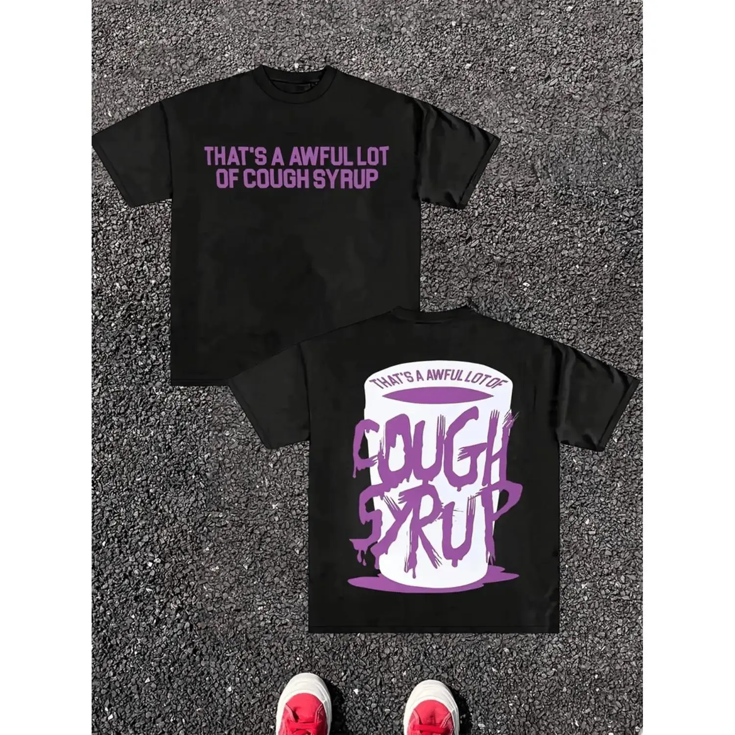 Men's Round-Neck Short-Sleeve Lightweight Black Graphic T-Shirt - Menswear, Humor Theme Cough Syrup Print, Sports Top for Summer Outdoor Sports, Casual Streetwear